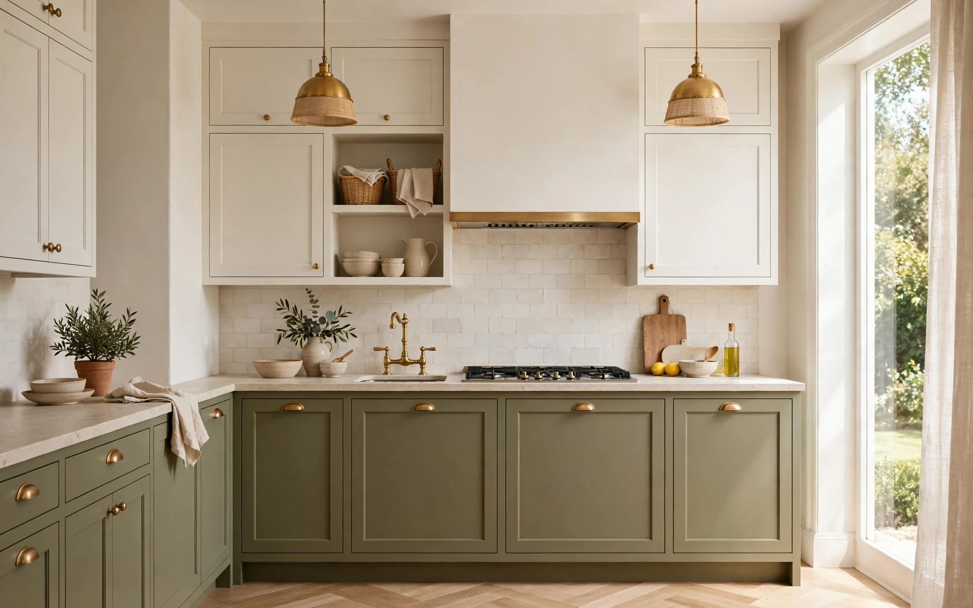 Two-tone olive green kitchen ideas with olive lower cabinets and warm white upper cabinets