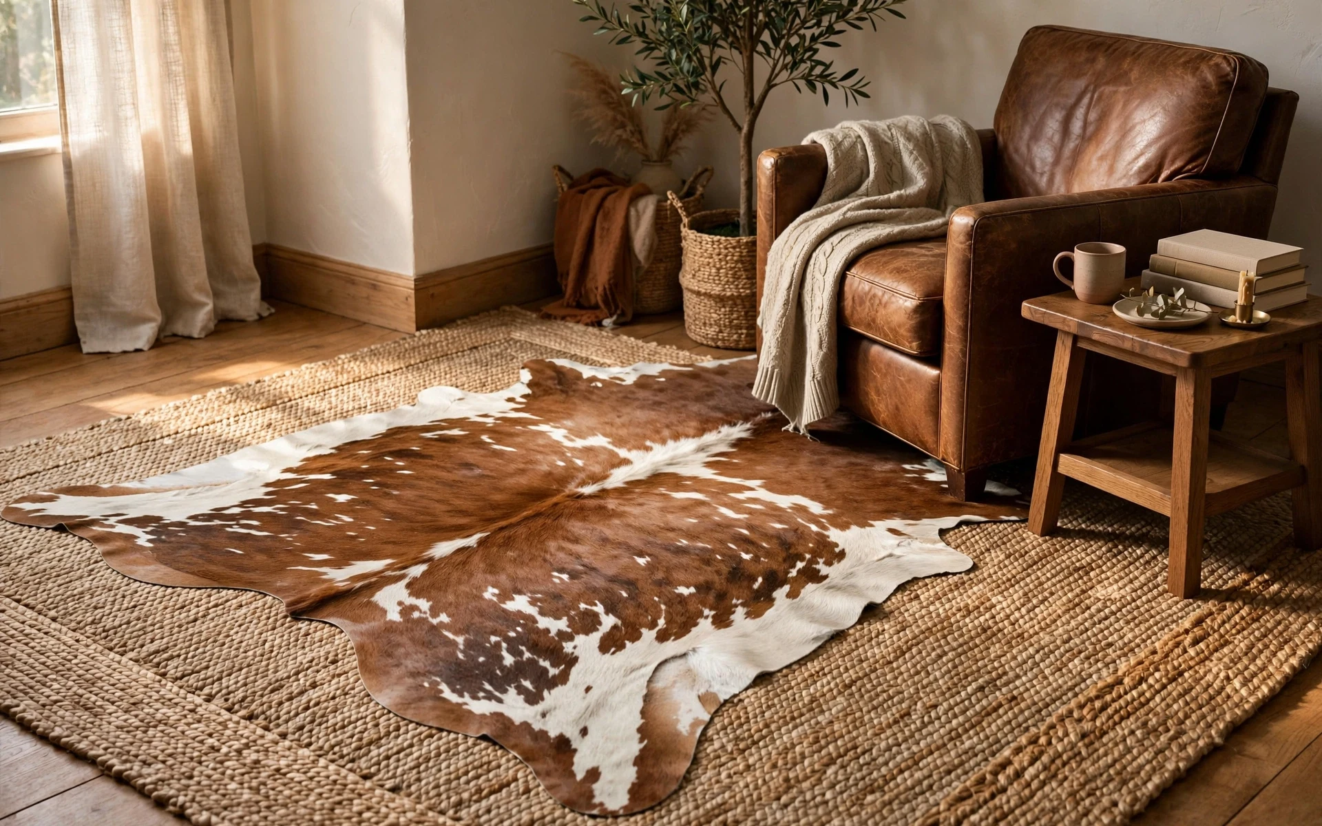 Cowhide rug layering ideas over a woven sisal base rug beside a leather armchair
