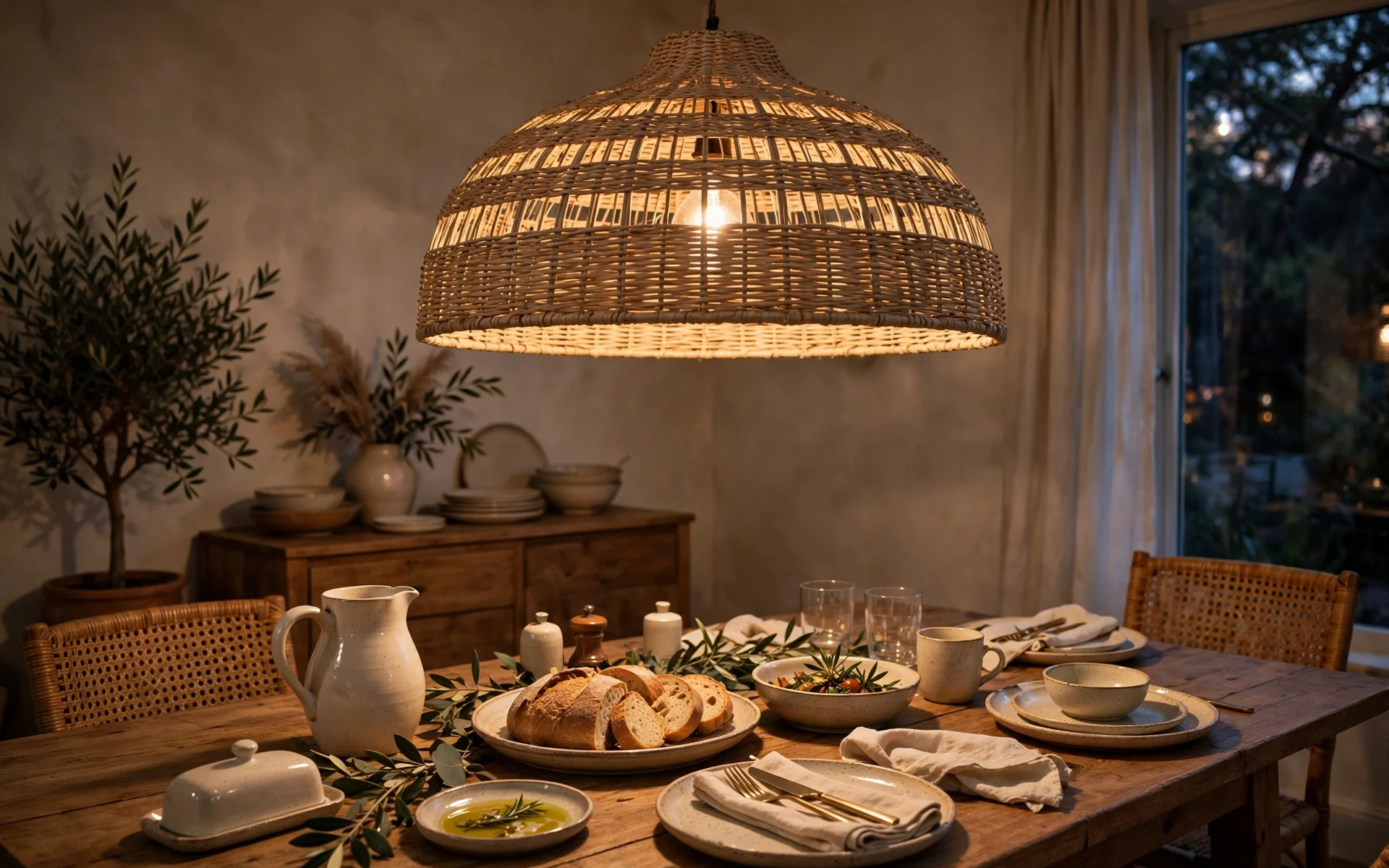 Oversized pendant statement lighting ideas with a woven pendant hanging over a wooden dining table