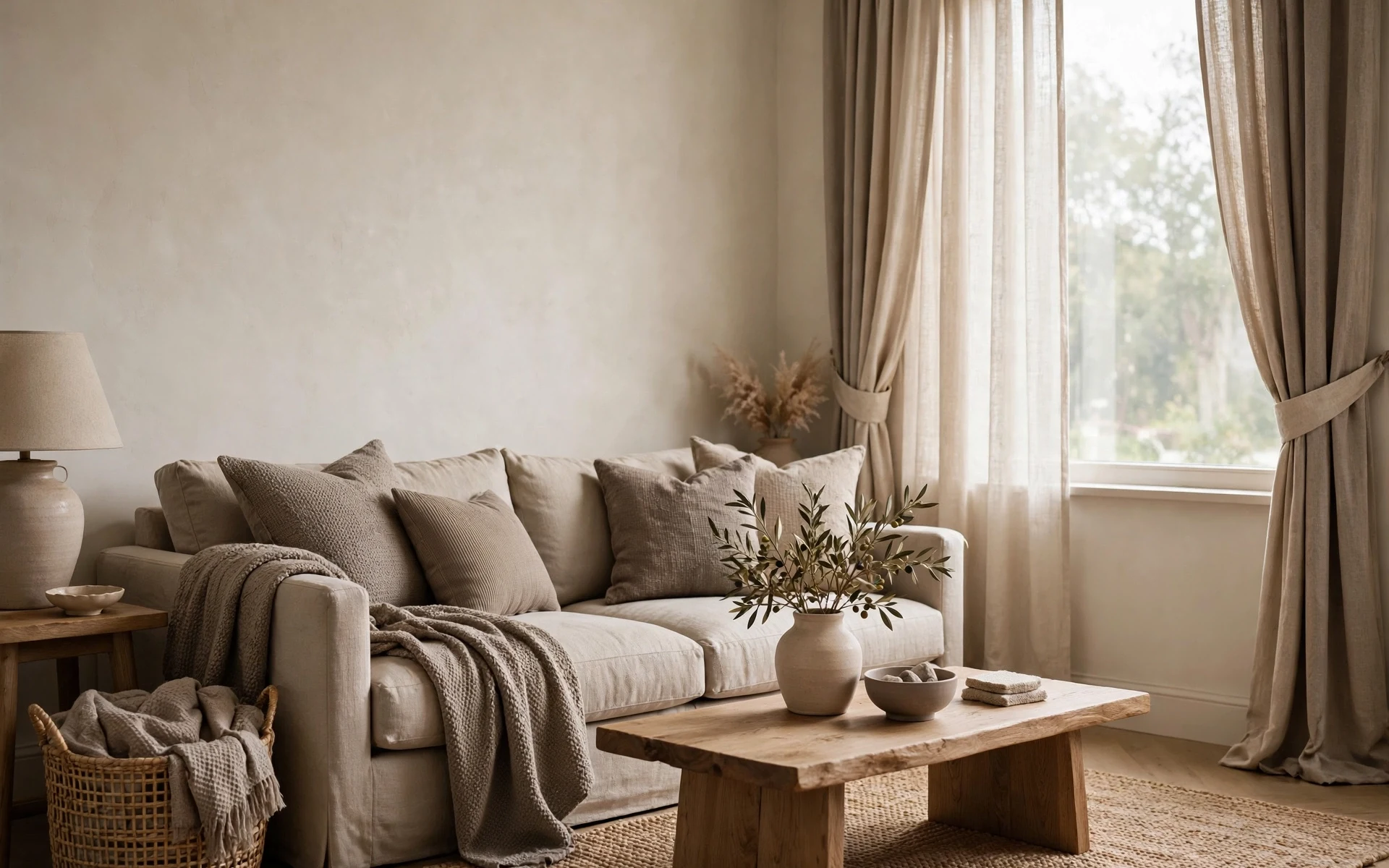 Tonal beige living room ideas with light walls, mid-tone sofa and deeper taupe cushions layered together