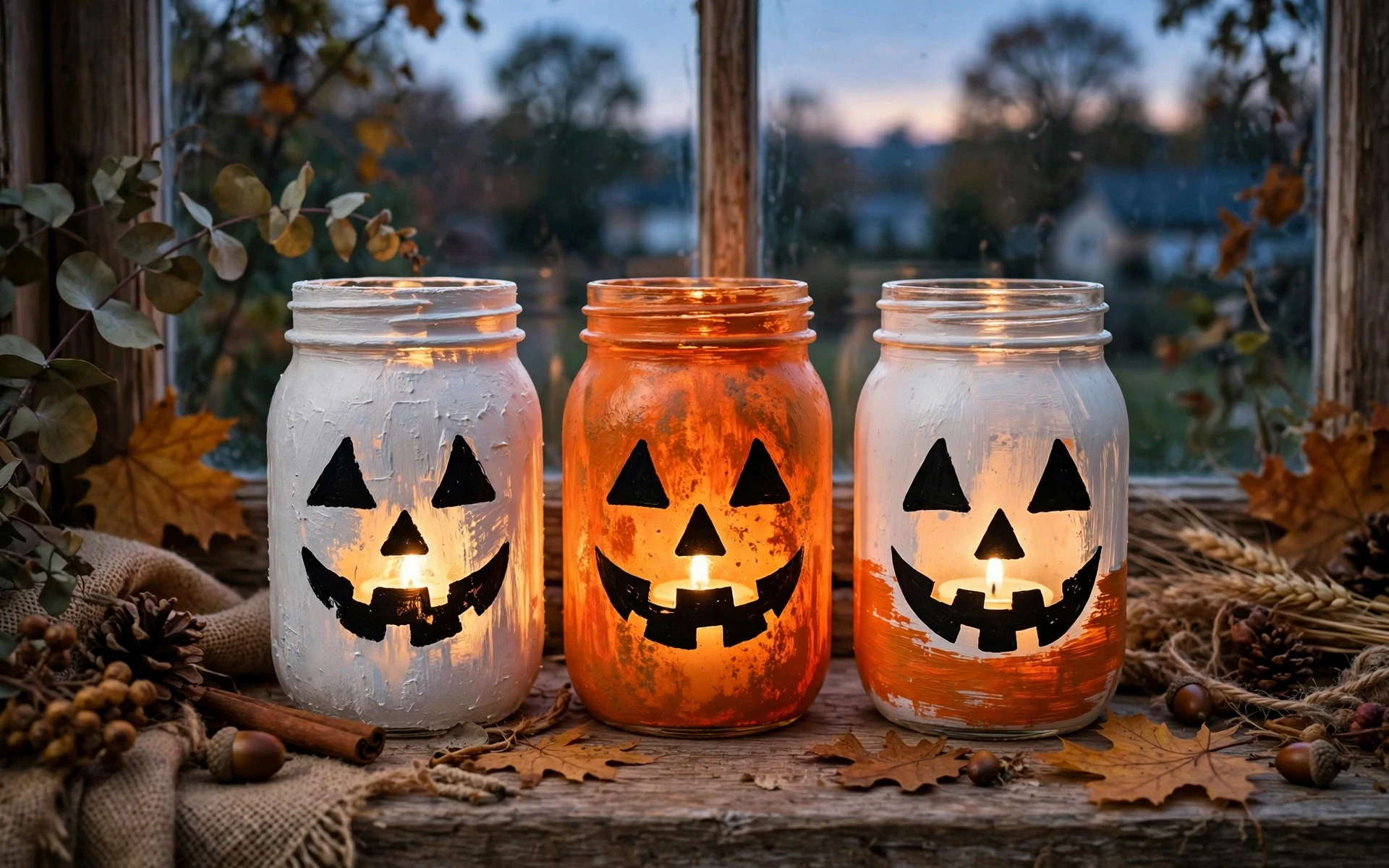 Mason jar lanterns with painted silhouette faces glowing as diy halloween decor ideas on a windowsill