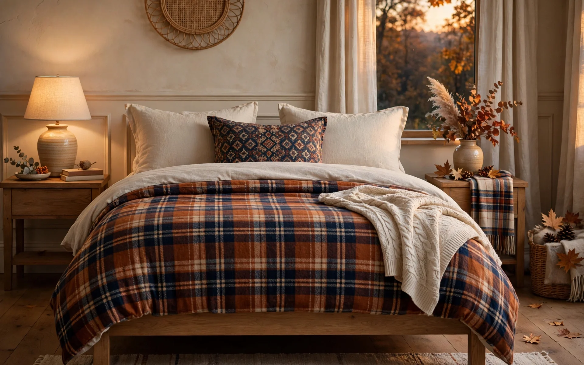 Fall bedroom decor ideas featuring warm plaid flannel bedding