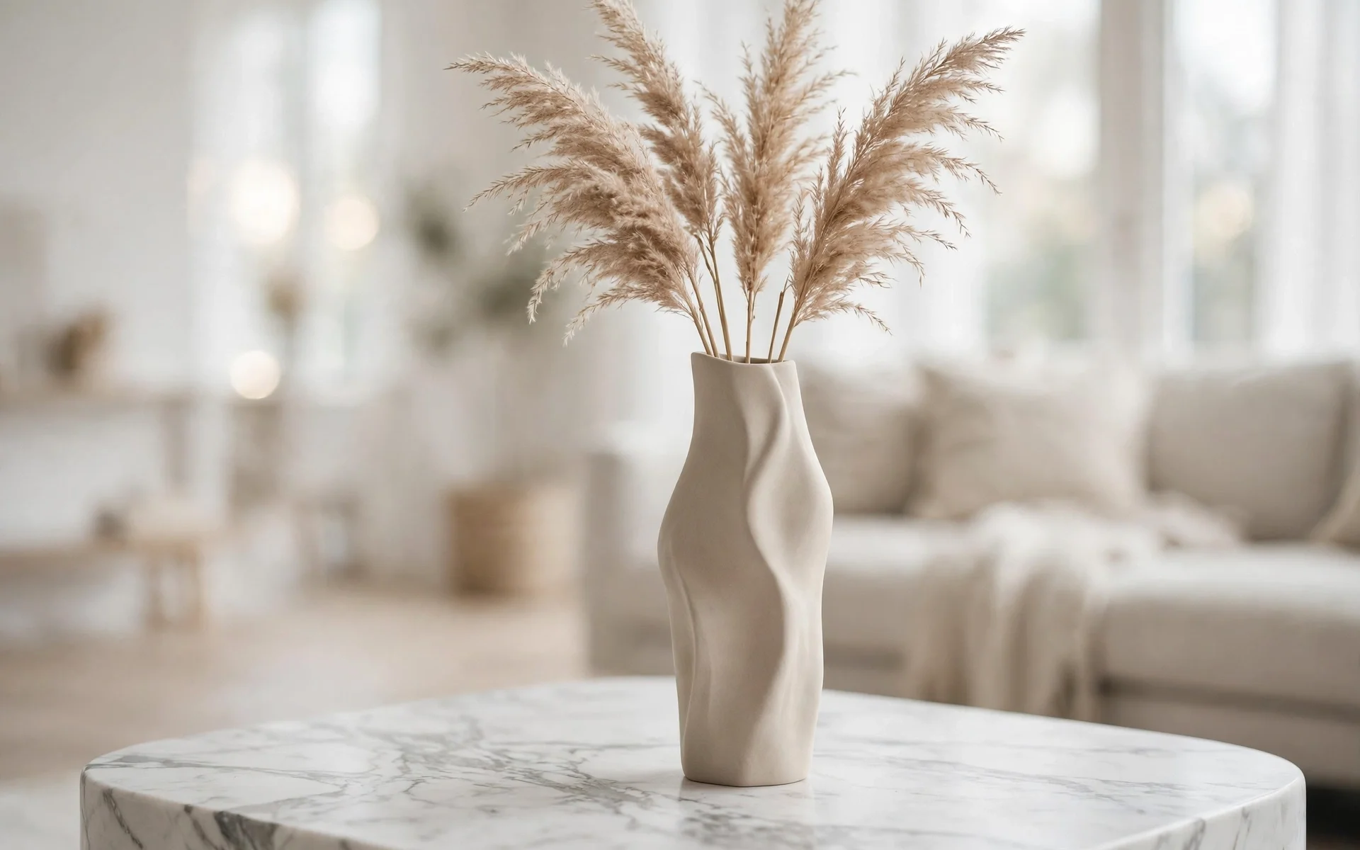 Marble coffee table ideas with a single sculptural vase with dried pampas grass