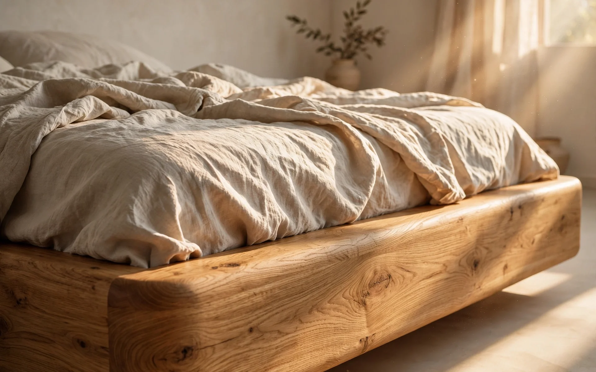 Warm minimalist bedroom ideas featuring a natural solid oak platform bed frame