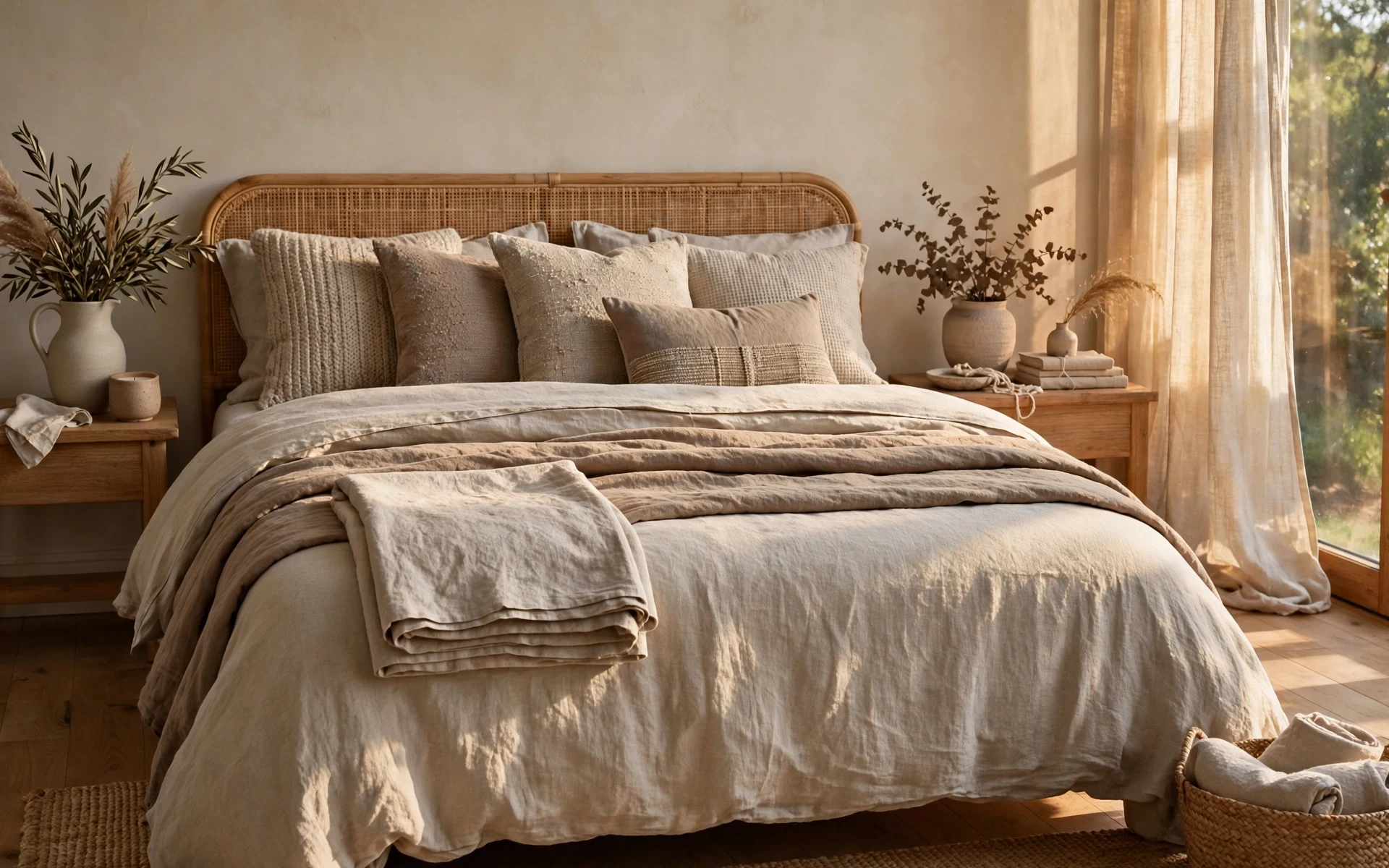 Layered linen bedding ideas in oatmeal, flax and taupe linen with a folded throw at the foot of the bed