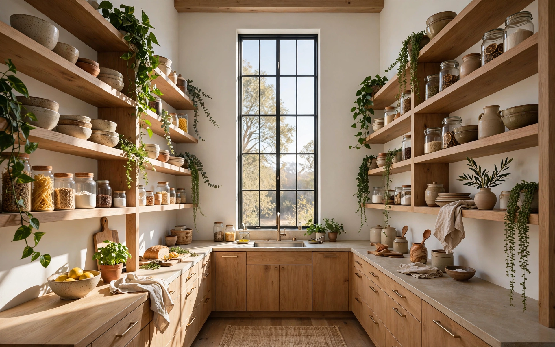 Open shelf kitchen ideas with shelves flanking a window, styled with plants and ceramics