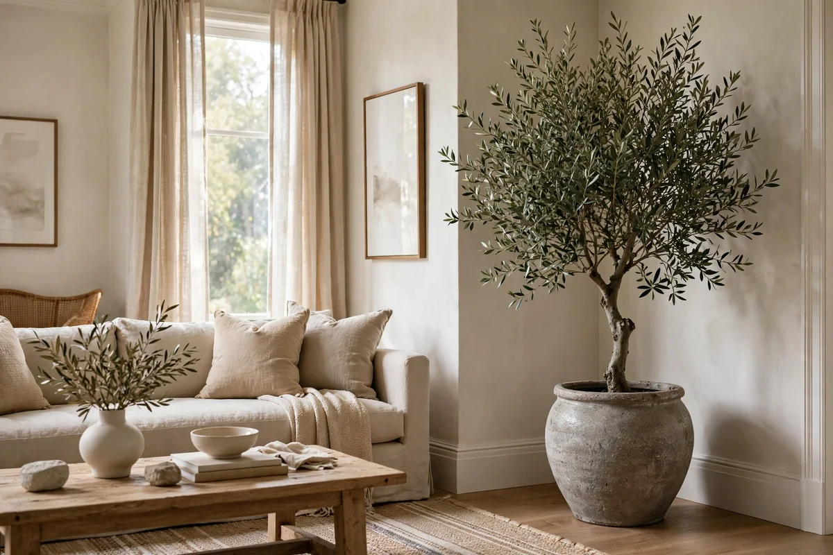 Biophilic decor ideas — a tall olive tree in a heavy ceramic planter anchoring a living room corner