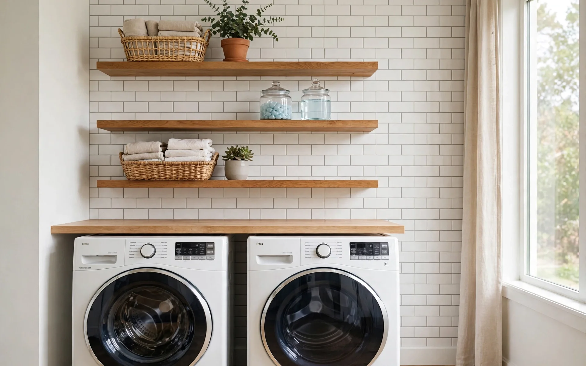 Floating wood shelves above a washer and dryer holding baskets and plants, classic small laundry room ideas