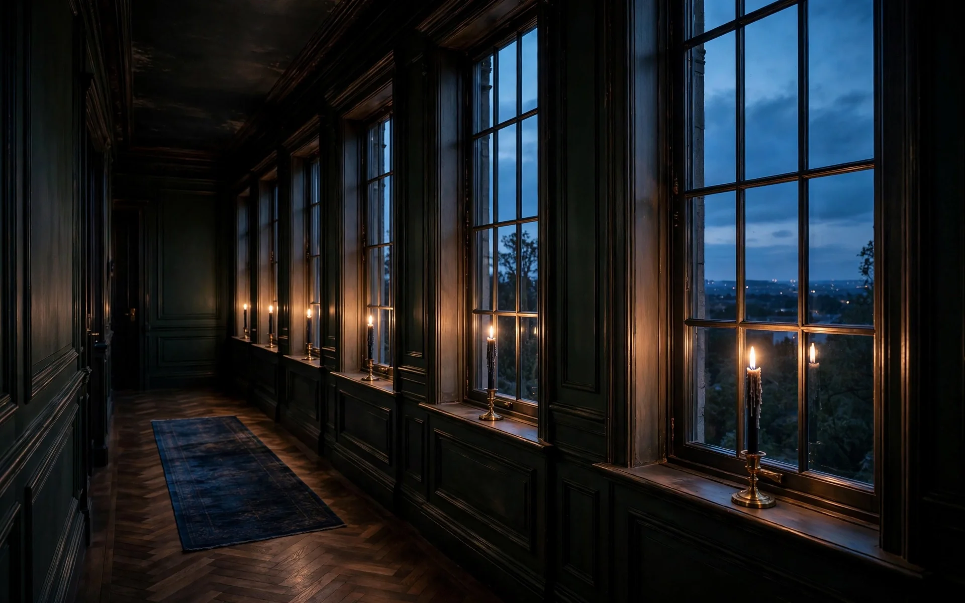 Halloween window decor ideas featuring a row of glowing LED taper candles lined in front-facing windows at dusk