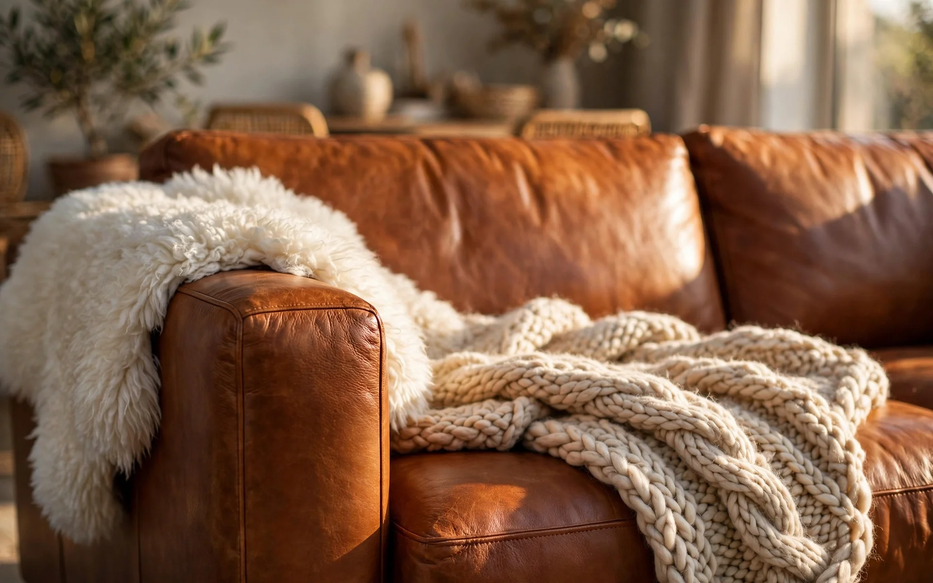 Cognac leather sofa ideas showing layered sheepskin and chunky knit textures on caramel leather