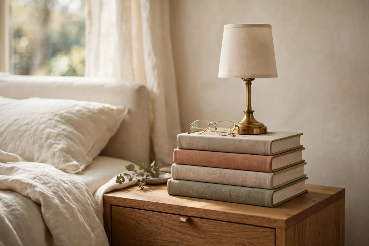 Bedside table styling ideas using a stack of hardcover books as a pedestal for a small brass lamp