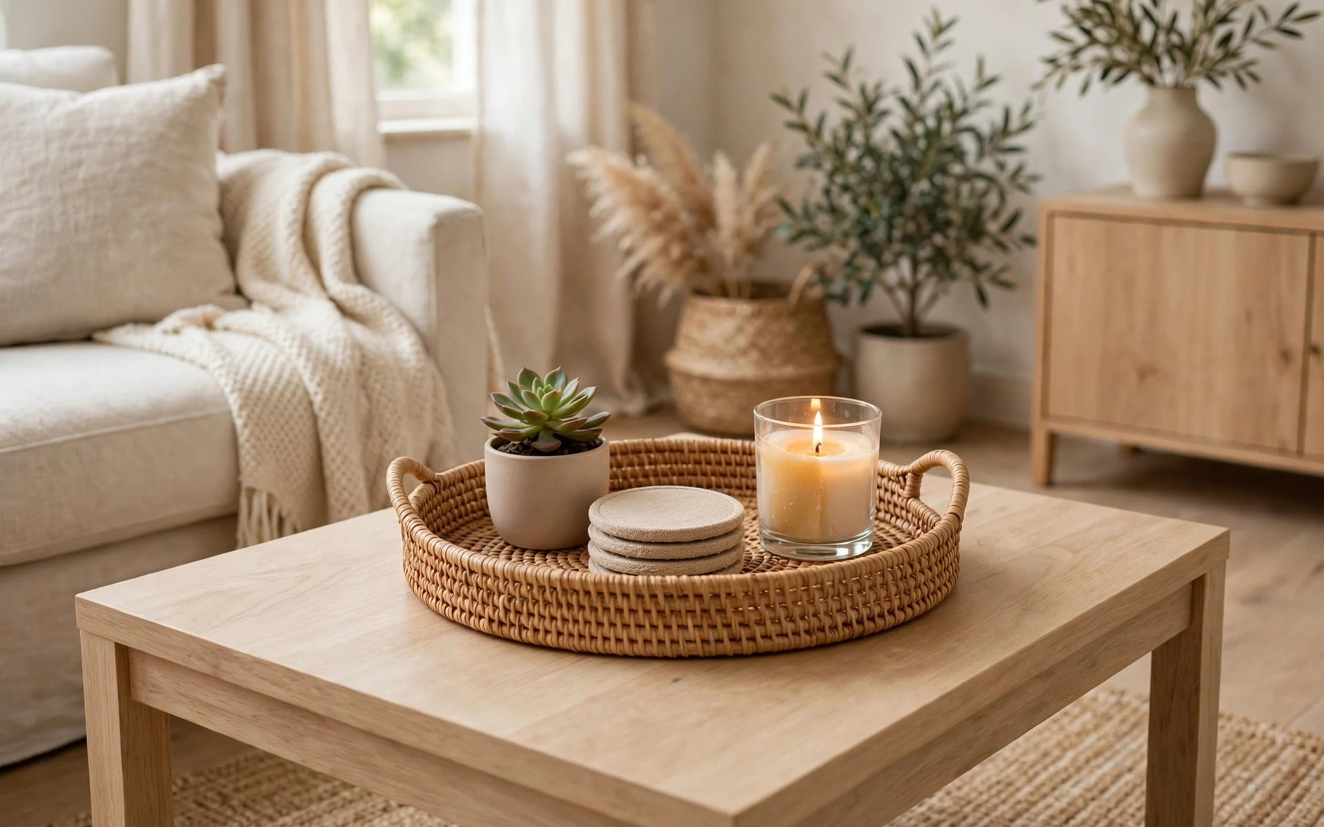 Tray coffee table styling ideas with a rattan tray holding a candle, small plant and coasters