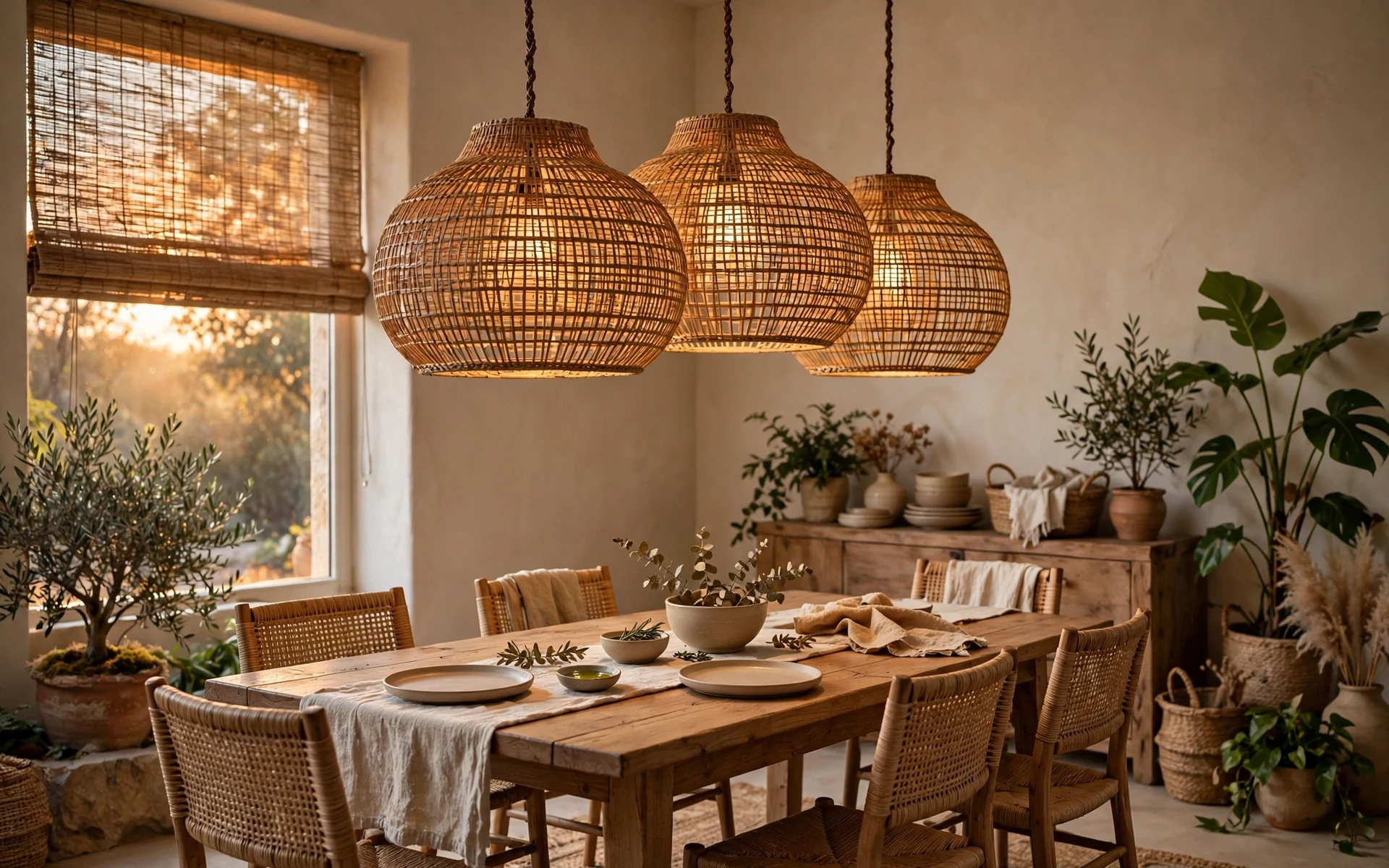 Rattan decor ideas with woven rattan pendant lights over a wooden dining table