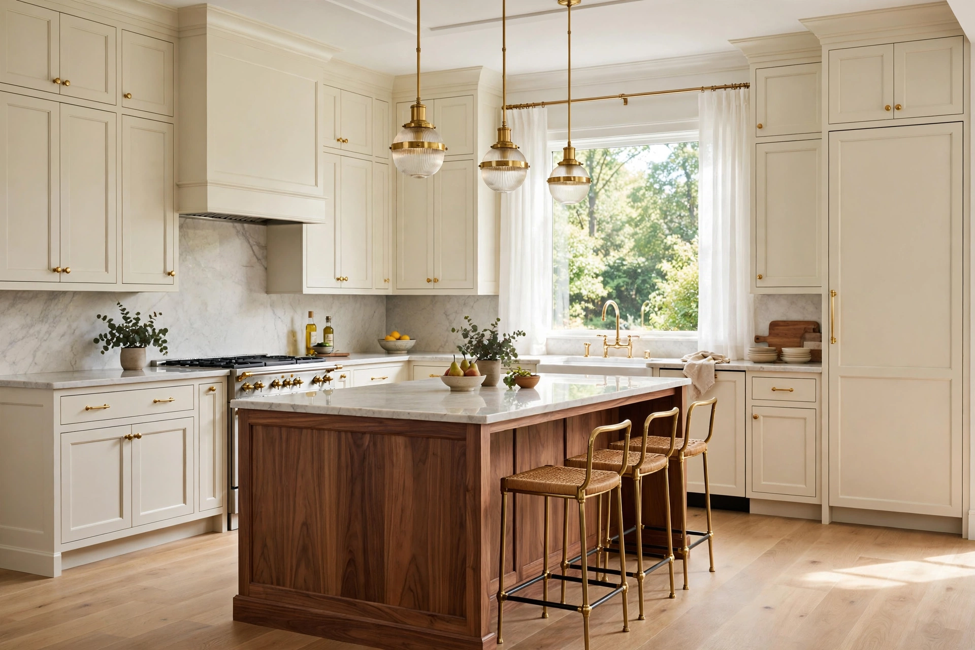 Cream kitchen ideas: two-tone kitchen with cream upper cabinets and a warm walnut wood island
