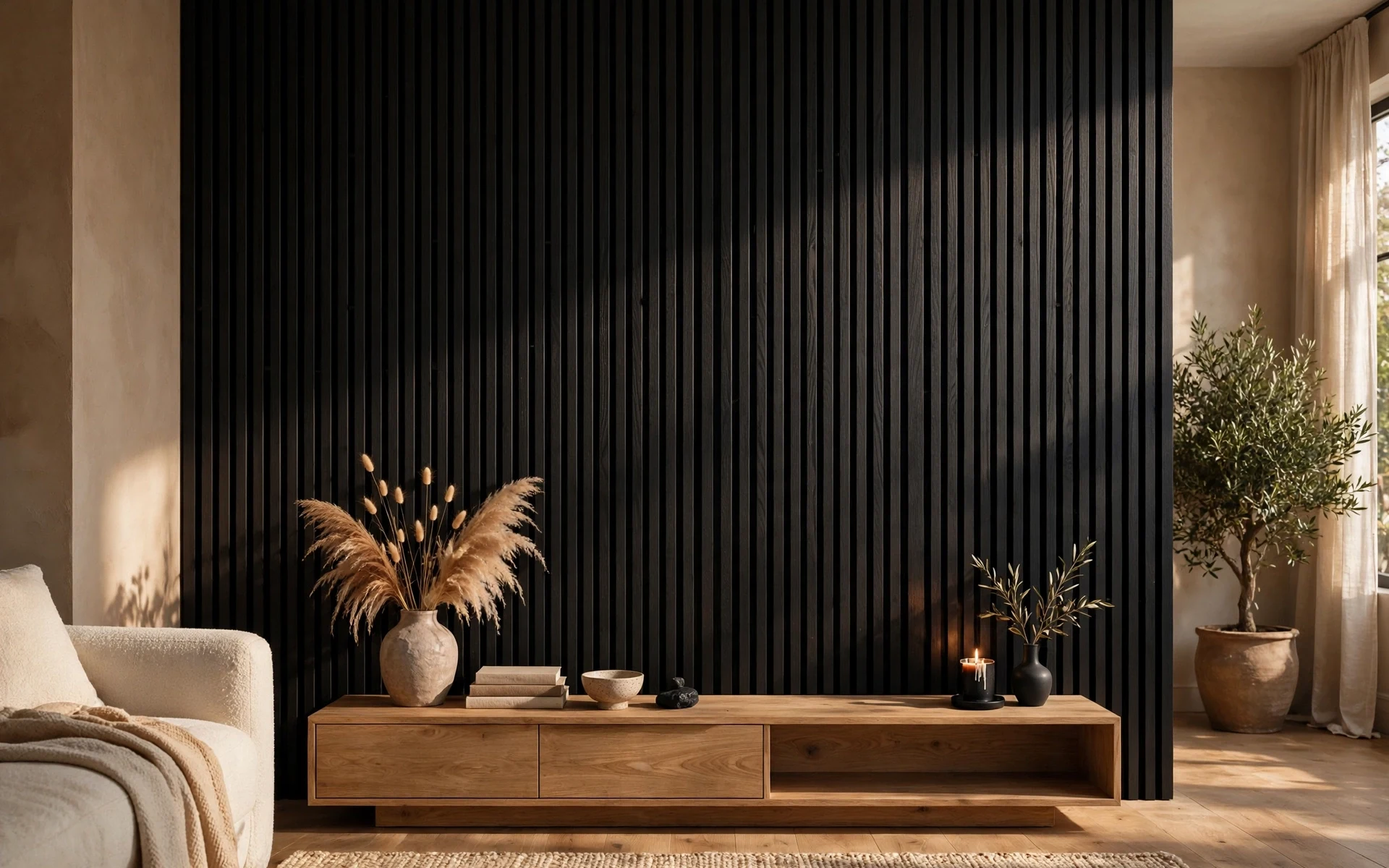 Black accent wall ideas using vertical black wood slat panels behind a low media console