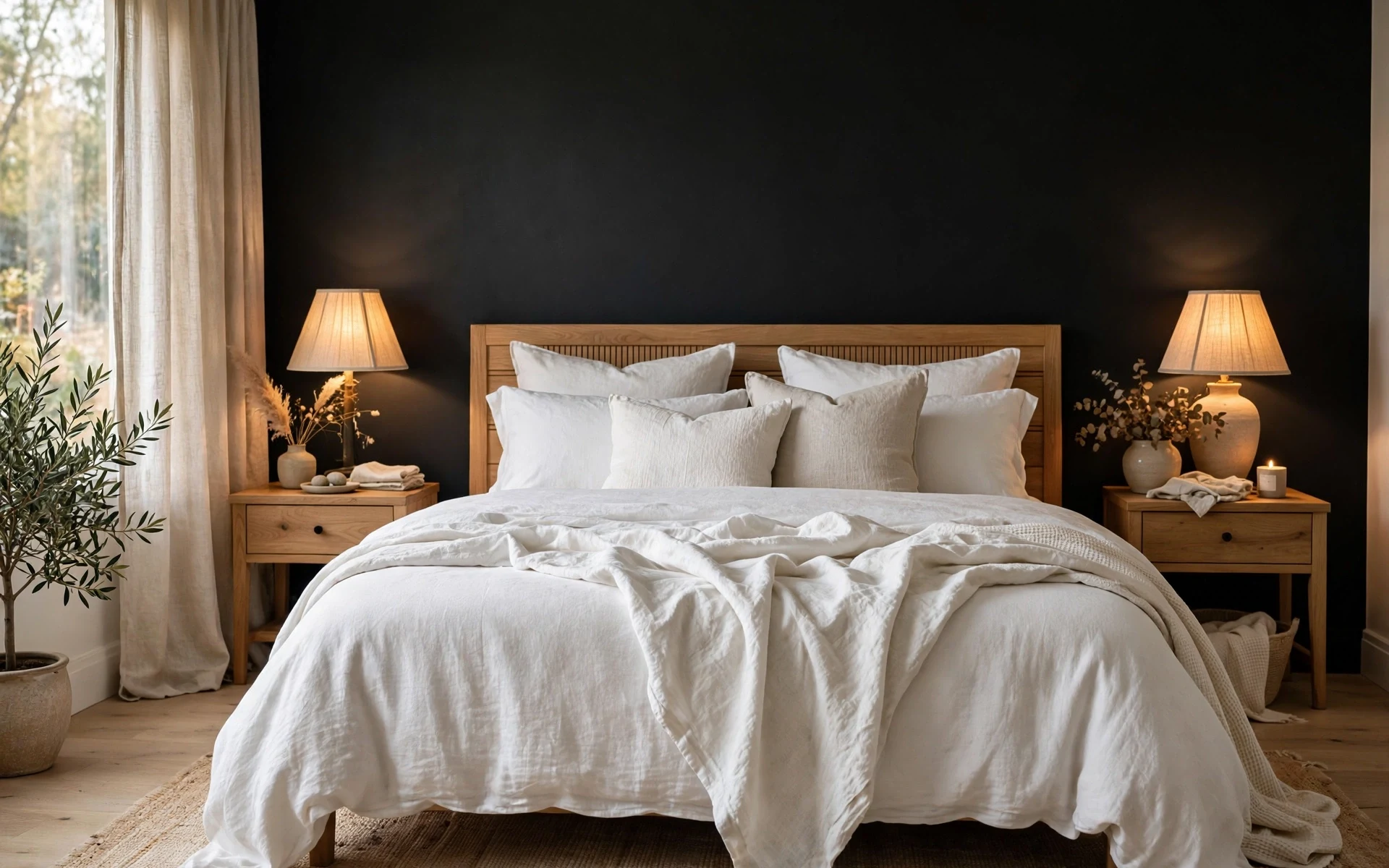 Black accent wall ideas in a bedroom with white linen bedding against a black headboard wall