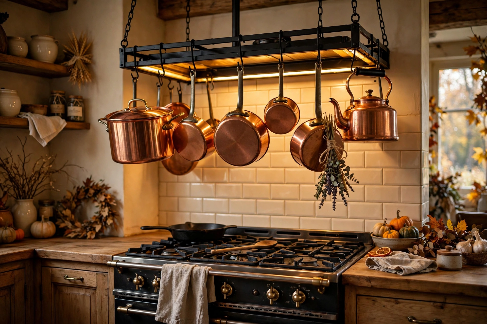 Fall kitchen decor ideas with copper pots hanging from a rack over a farmhouse stove