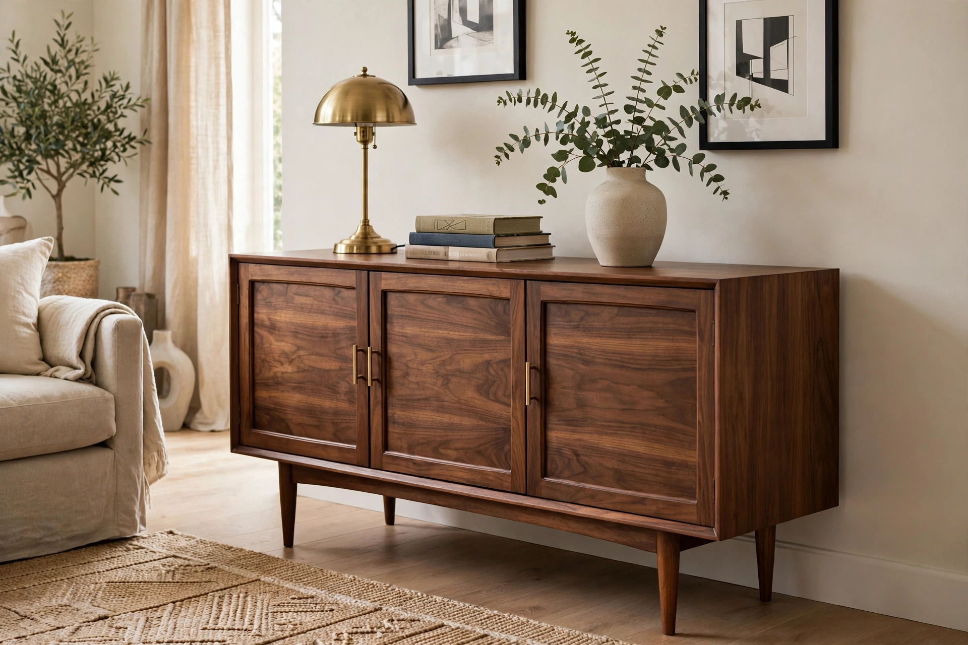 Toy storage ideas living room: closed mid-century sideboard with styled top