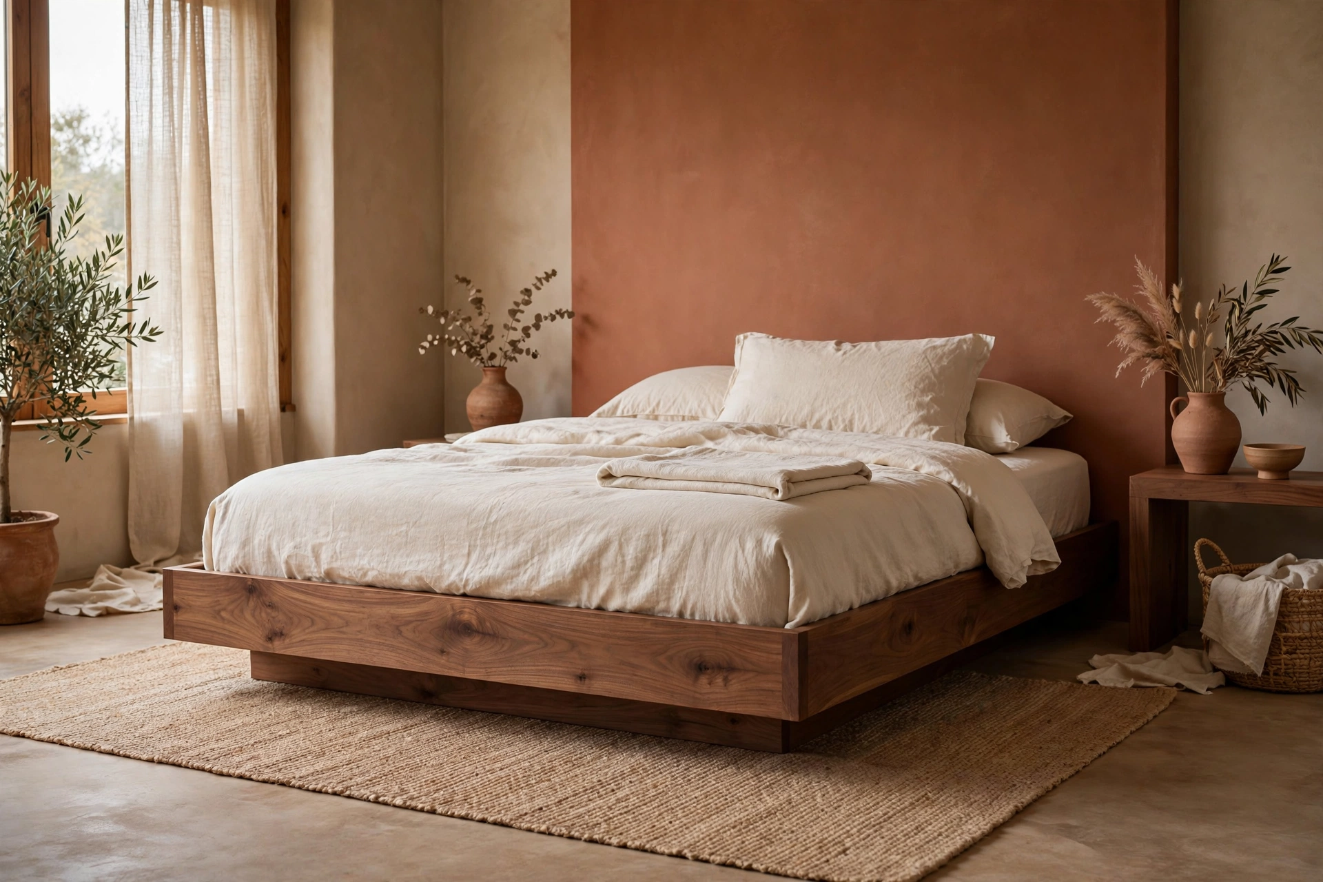 Earthy bedroom ideas: low solid walnut wood platform bed frame in a warm bedroom