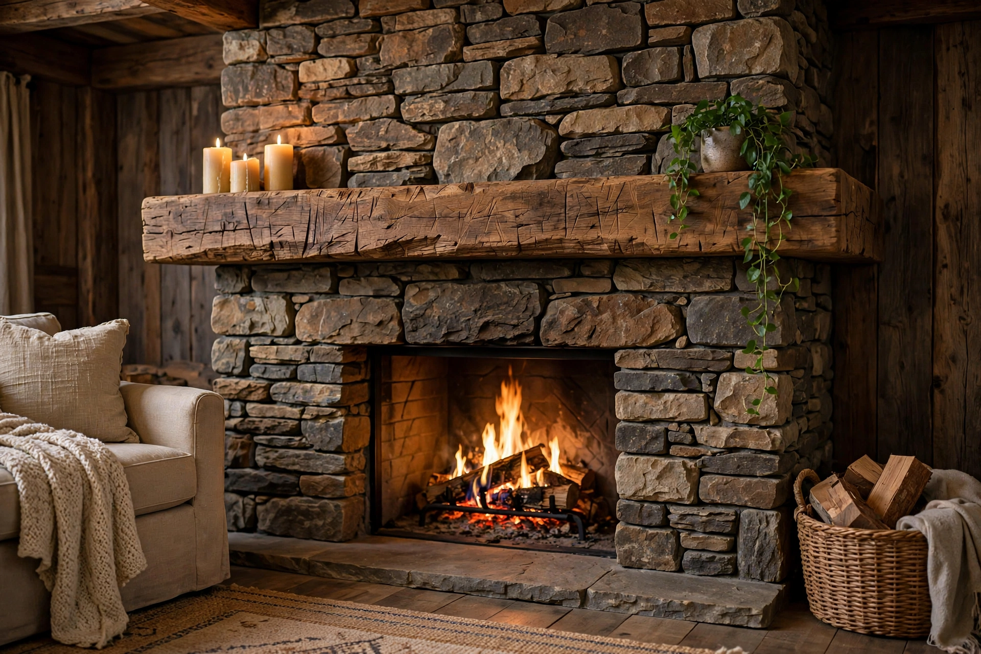 Stone fireplace ideas with a reclaimed wood beam mantel above a stacked stone hearth with candles