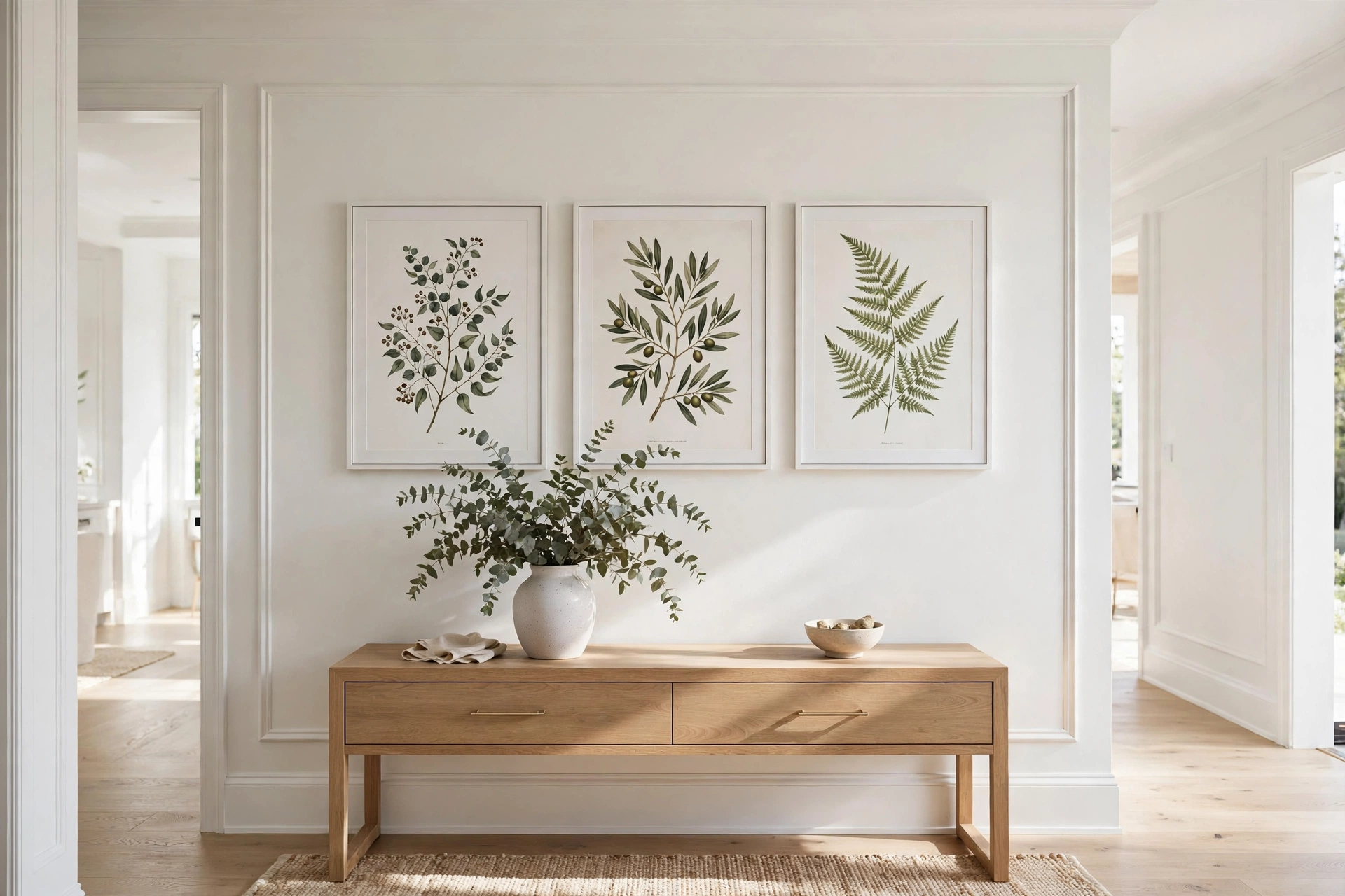 Triptych of large framed botanical prints in a hallway — oversized wall art ideas for narrow walls
