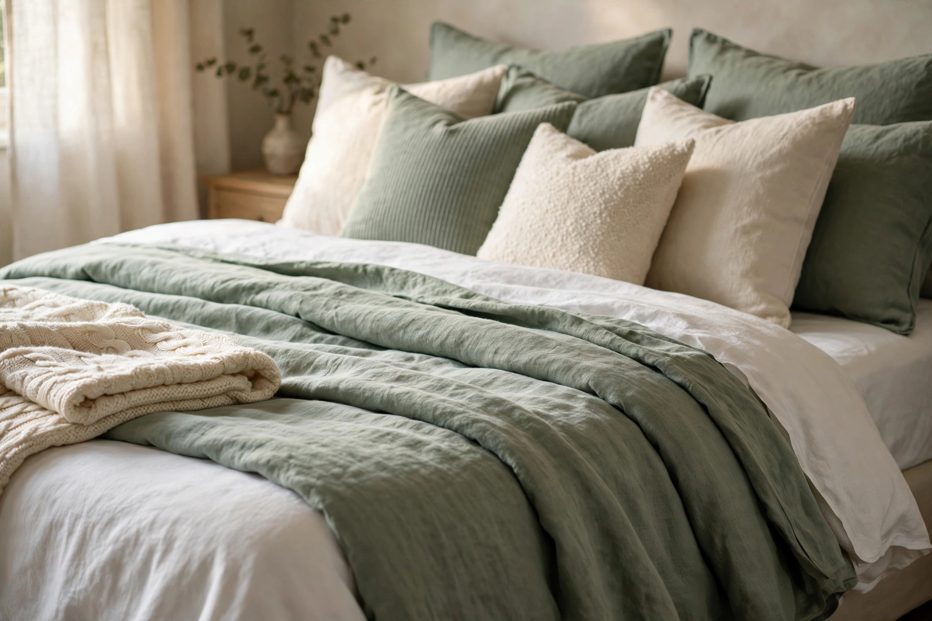 Sage green bedroom ideas with layered sage linen bedding and textured pillows