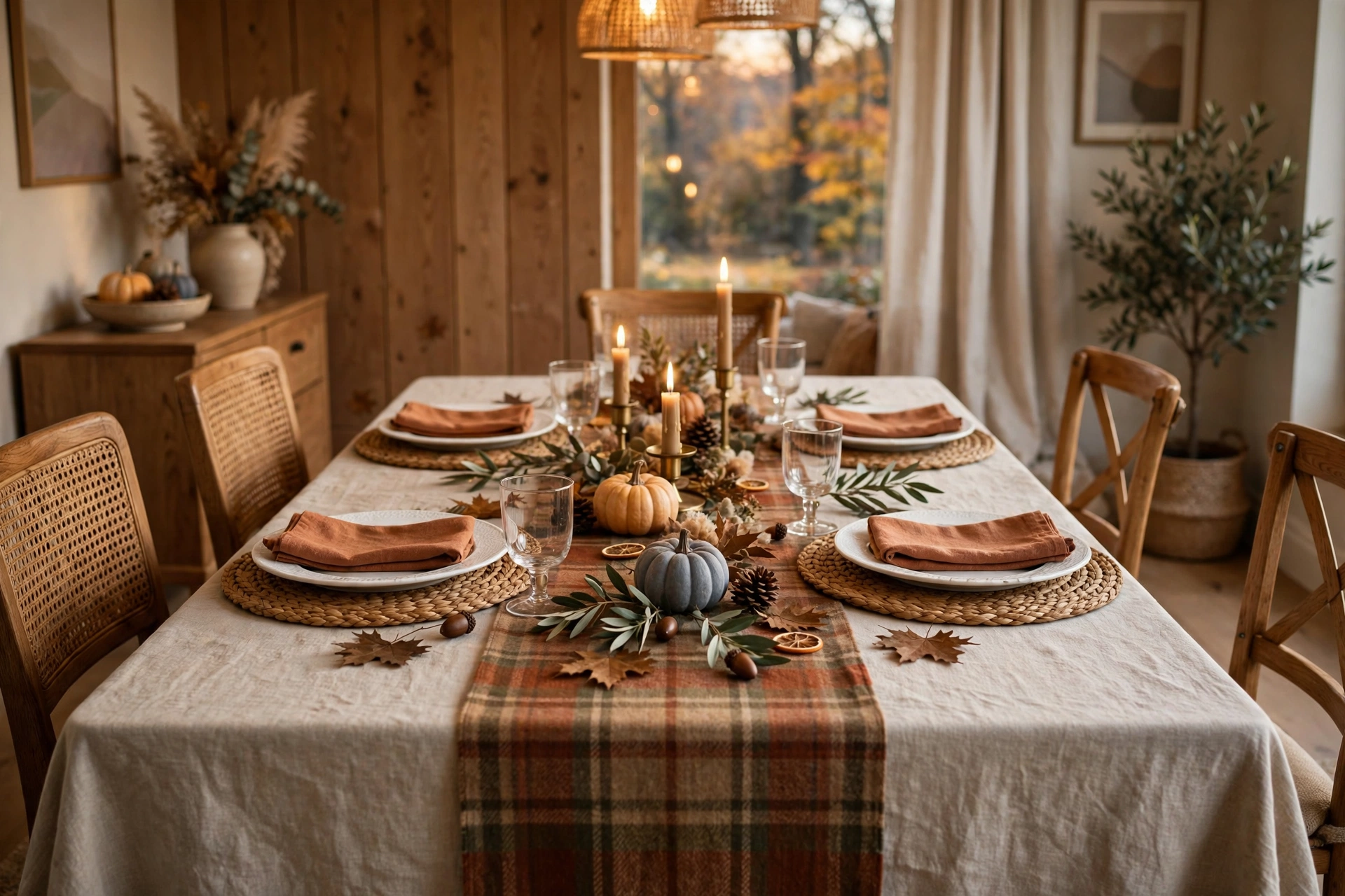 Inviting thanksgiving table decor ideas with layered autumn linens and woven placemats