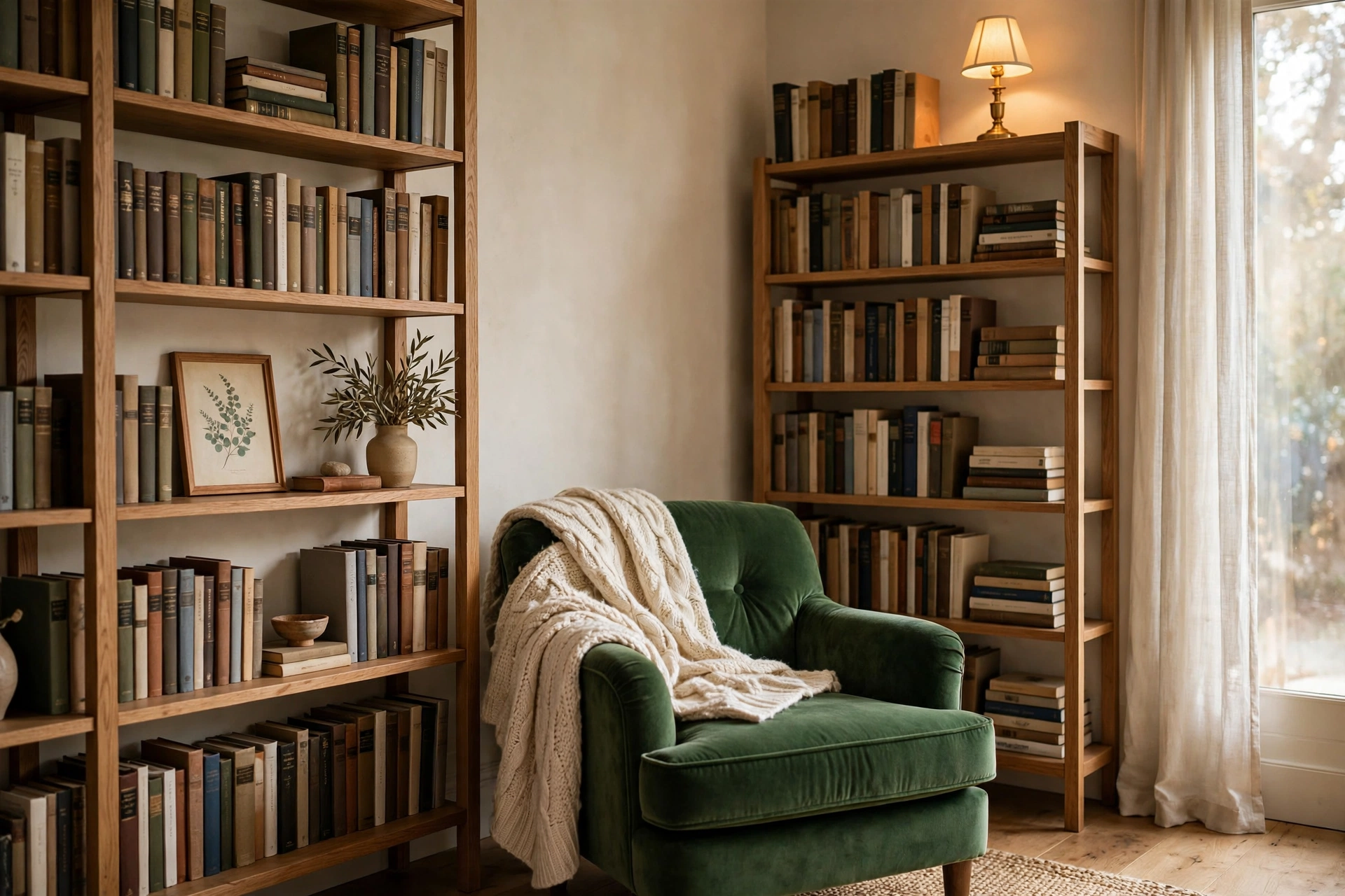 Reading nook ideas: armchair tucked between two slim bookshelves with a warm brass table lamp