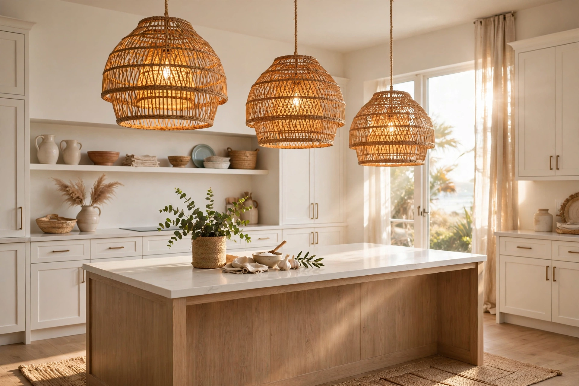 Kitchen pendant lighting ideas: woven rattan basket pendants at varied heights over a light wood island