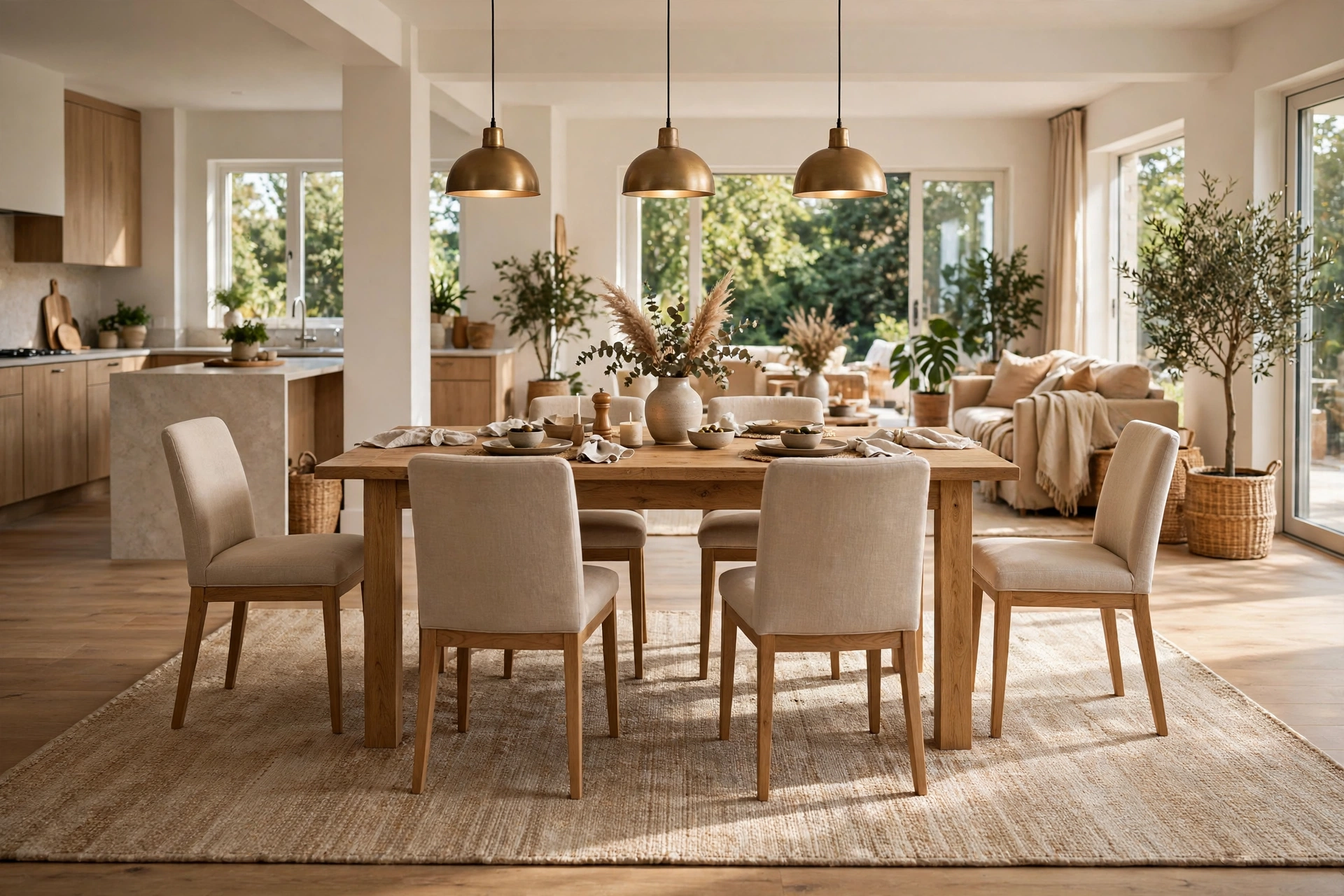 Area rug open floor plan ideas: dining table on a large low-pile rug with chairs pulled out and still fully on the rug