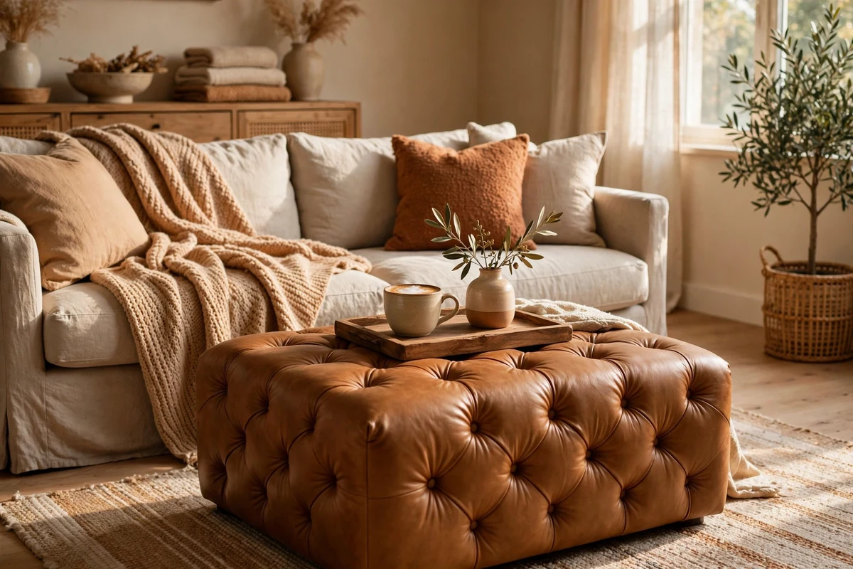 Caramel leather decor ideas: tufted caramel leather ottoman with a tray in a cozy living room