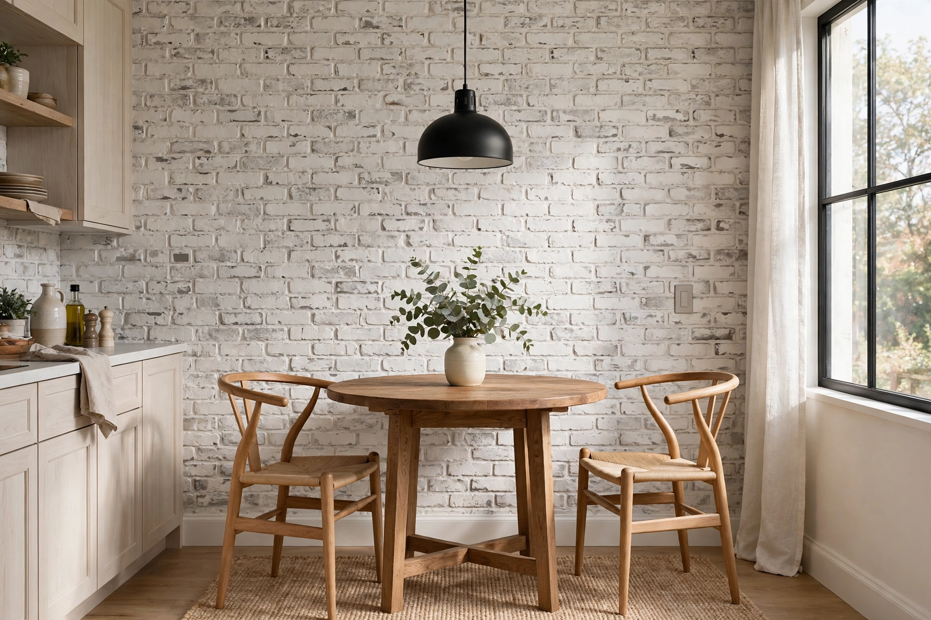 textured wallpaper ideas: kitchen breakfast nook with faux whitewashed brick textured wallpaper showing rustic painted bricks, round wood table and black pendant light