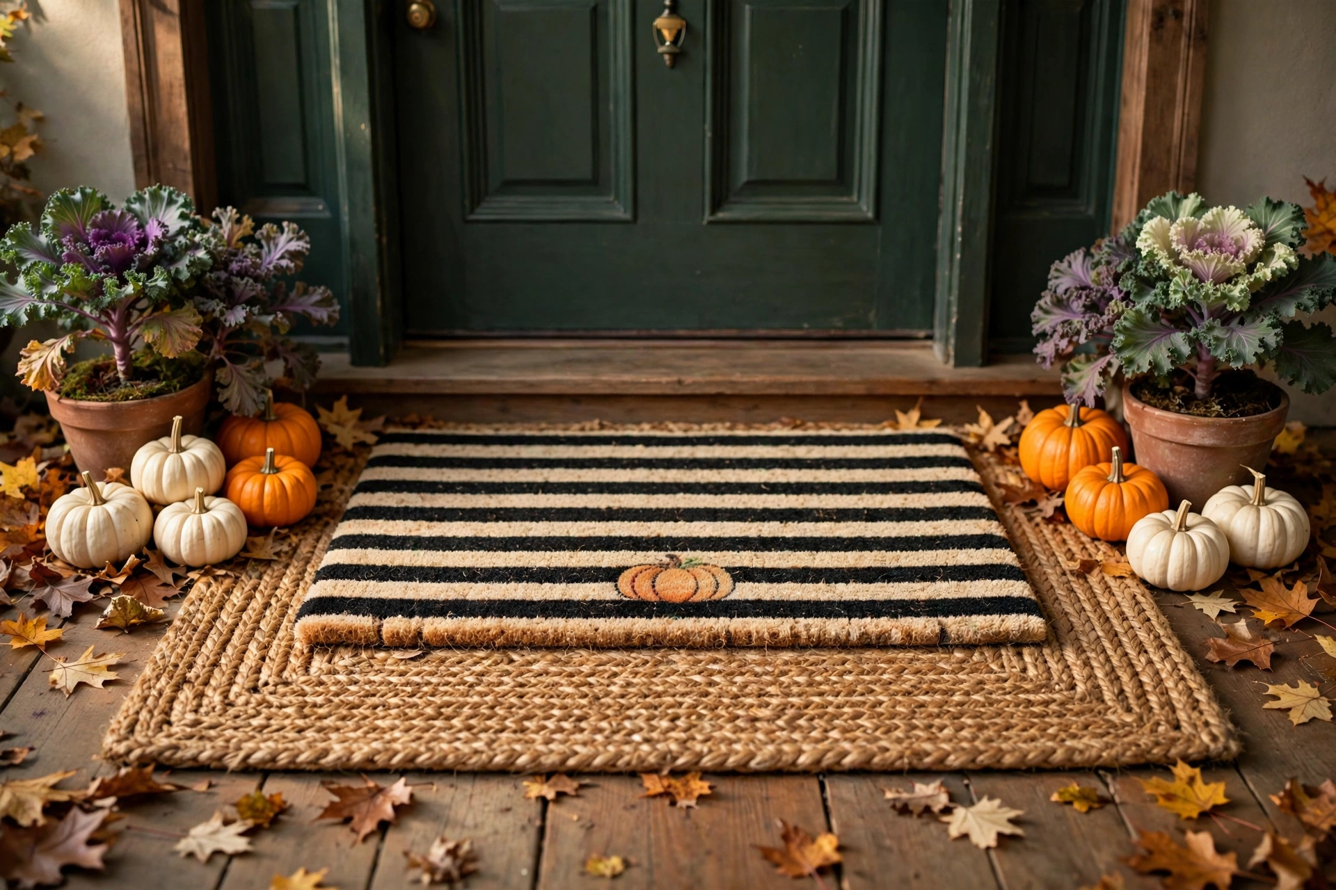 Fall front door decor ideas with a layered jute rug and striped coir doormat, mini pumpkins and kale at the threshold