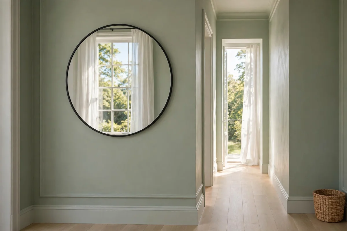 Narrow hallway decorating ideas: end wall of a hallway painted sage green with a round mirror as a focal point