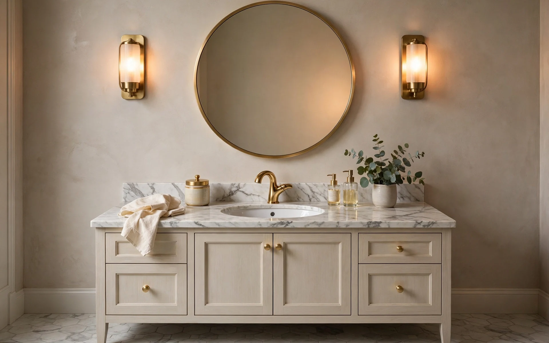 Gold bathroom fixtures ideas with gold sconces beside a round mirror over a vanity