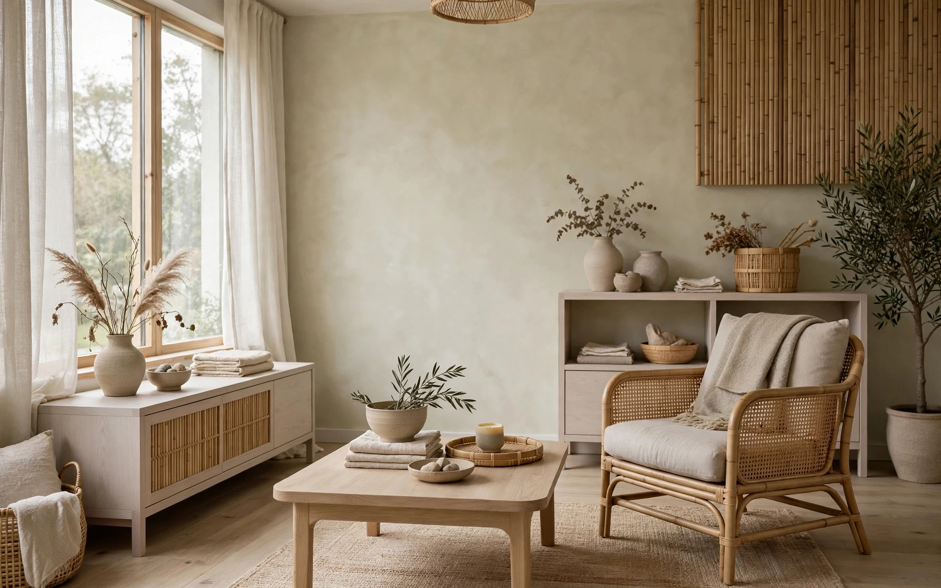 Light oak and ash furniture with a rattan chair in japandi living room ideas showing natural wood tones