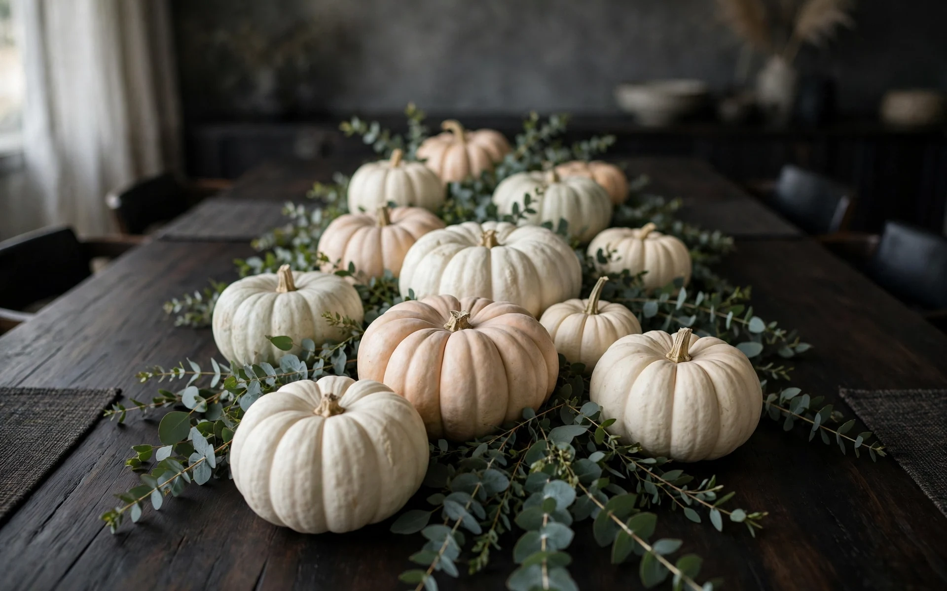 White heirloom pumpkins halloween table setting ideas running down a dining table