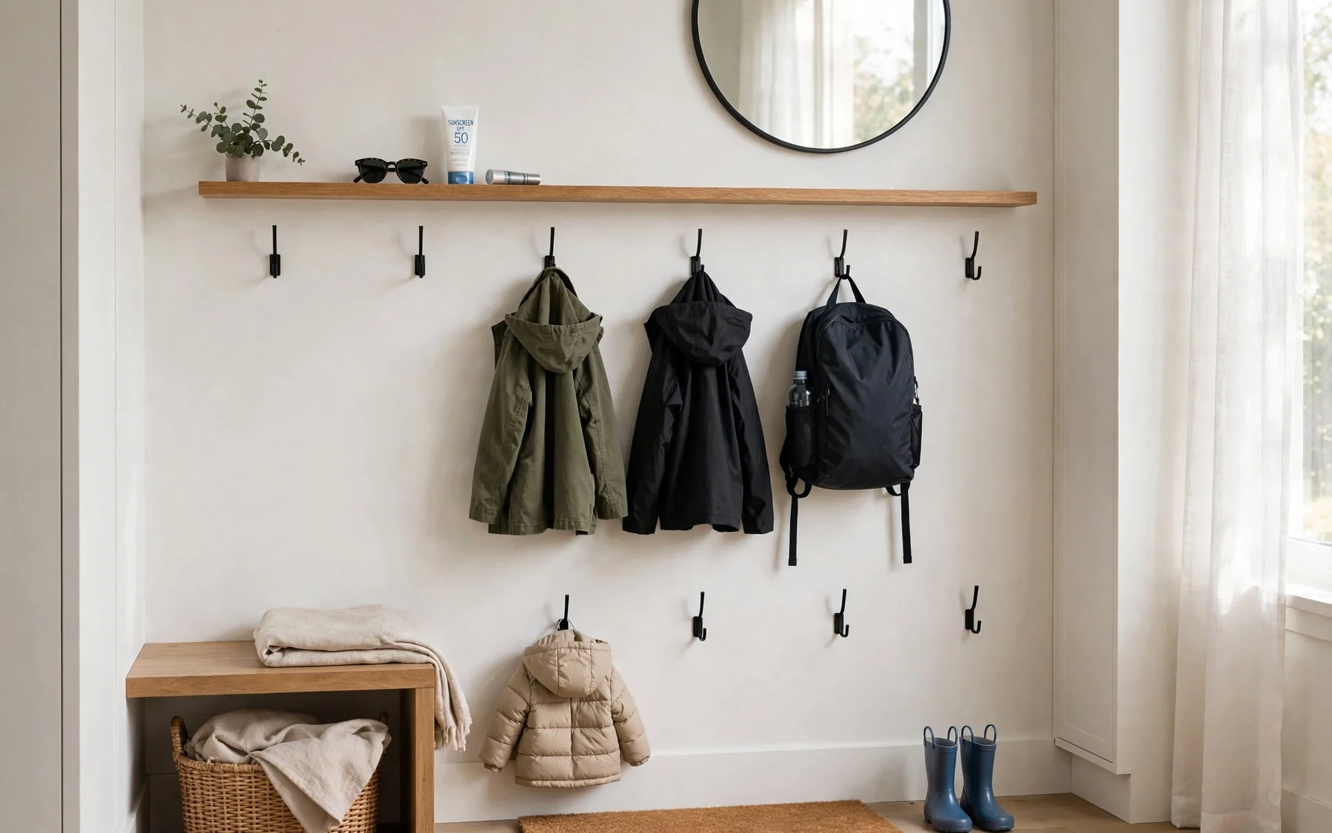 Wall-mounted coat hooks at two heights holding jackets and backpacks, simple mudroom ideas for everyday use