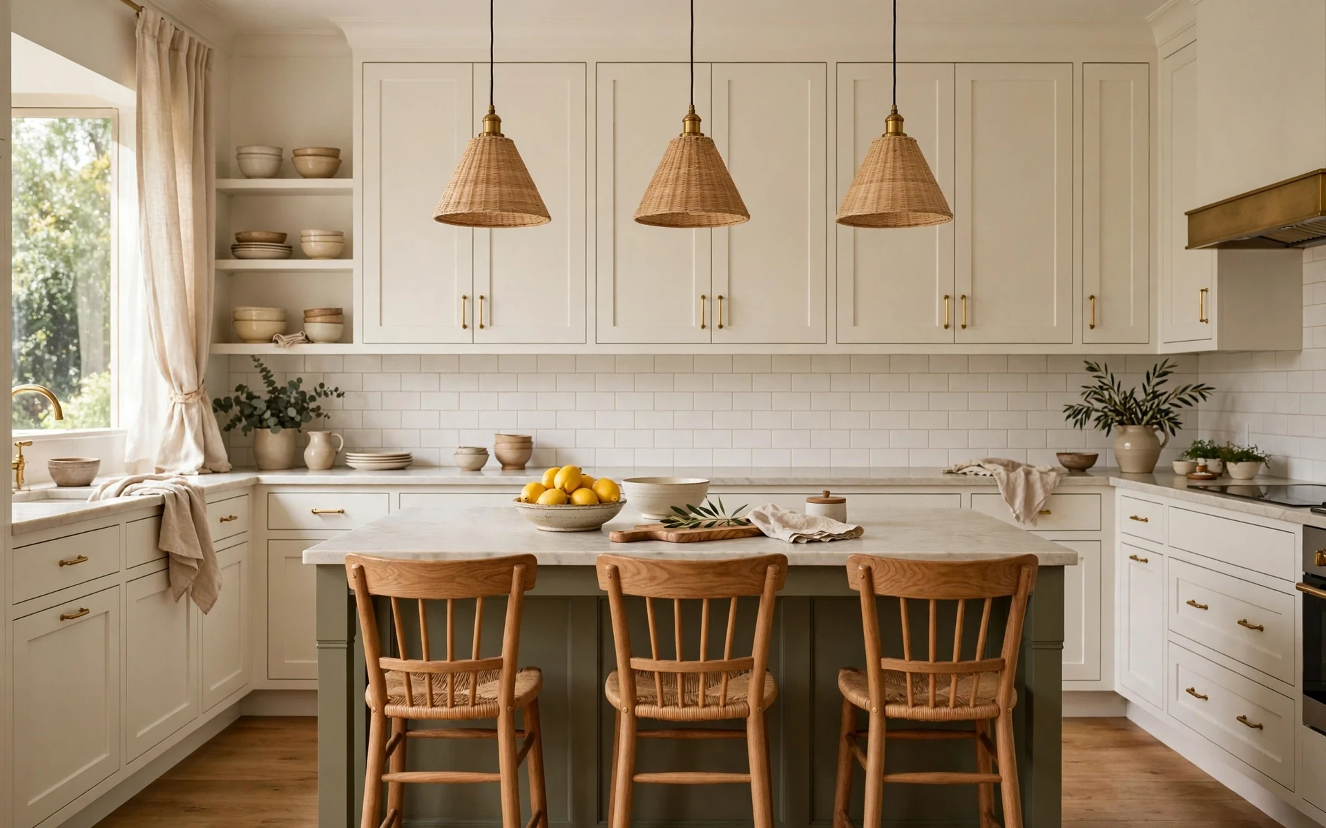 Olive green kitchen ideas centered on an olive island in a warm white kitchen with wood stools