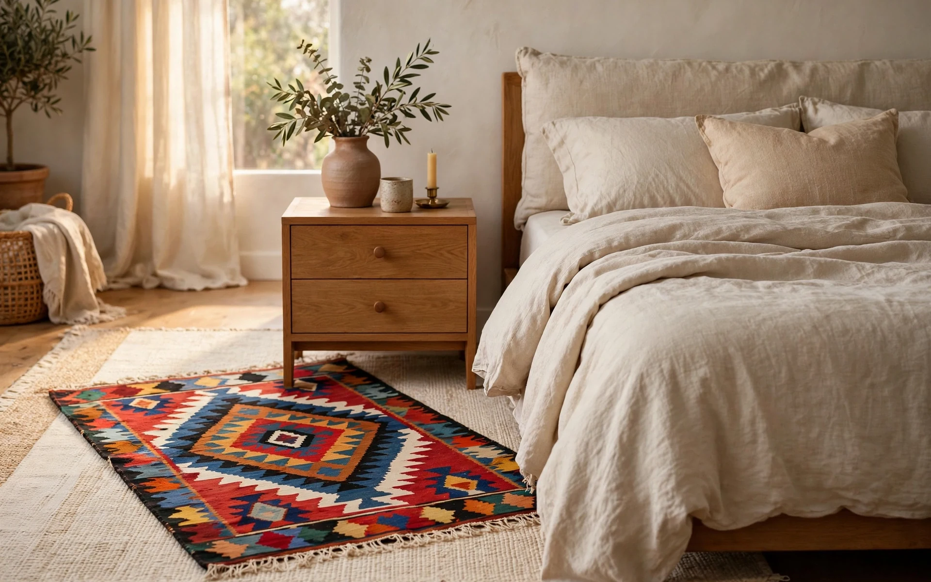 Kilim rug layering ideas over a cream flatweave rug beside a bed with linen bedding
