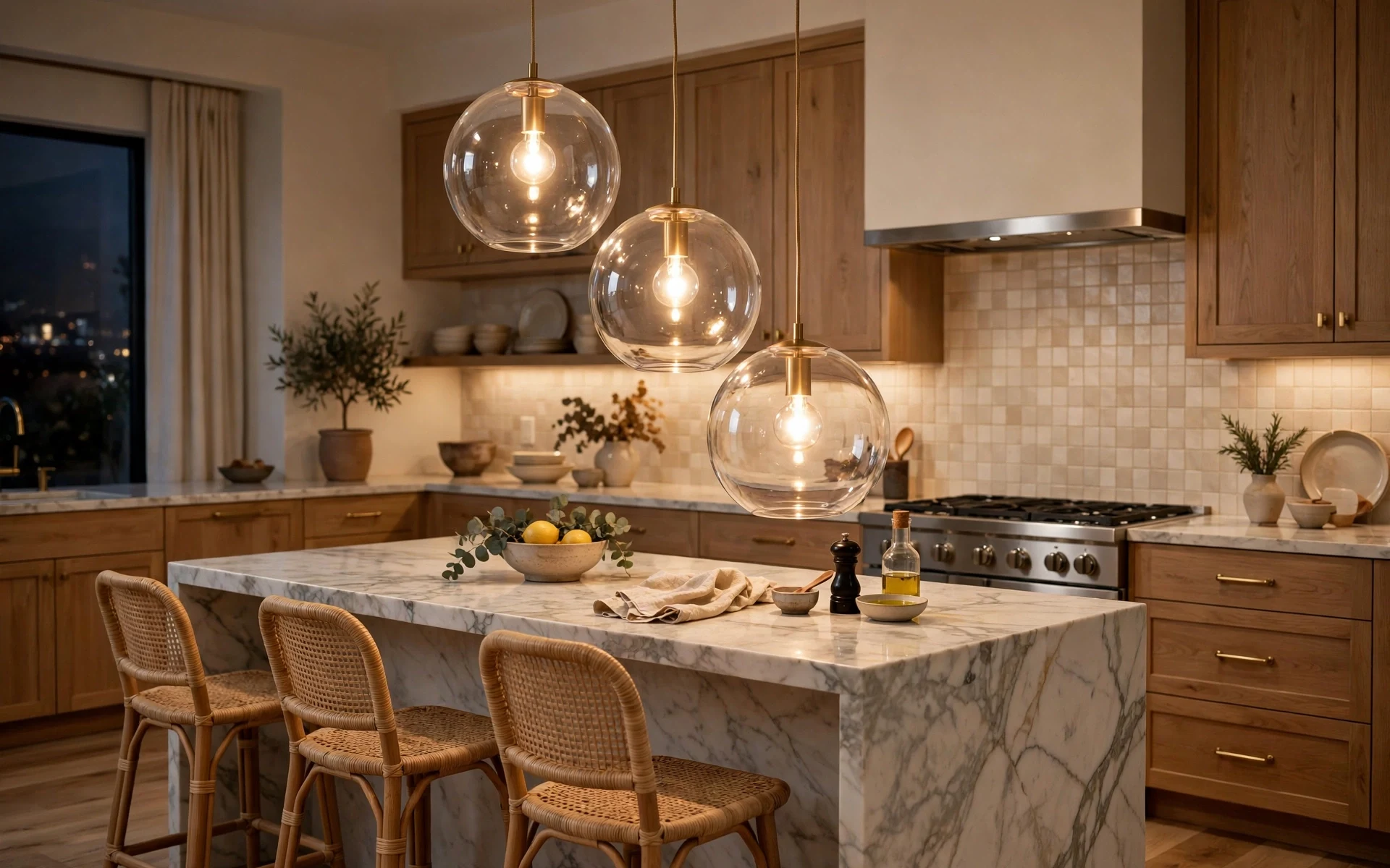 Cluster pendant statement lighting ideas with three glass globe pendants at different heights over a kitchen island