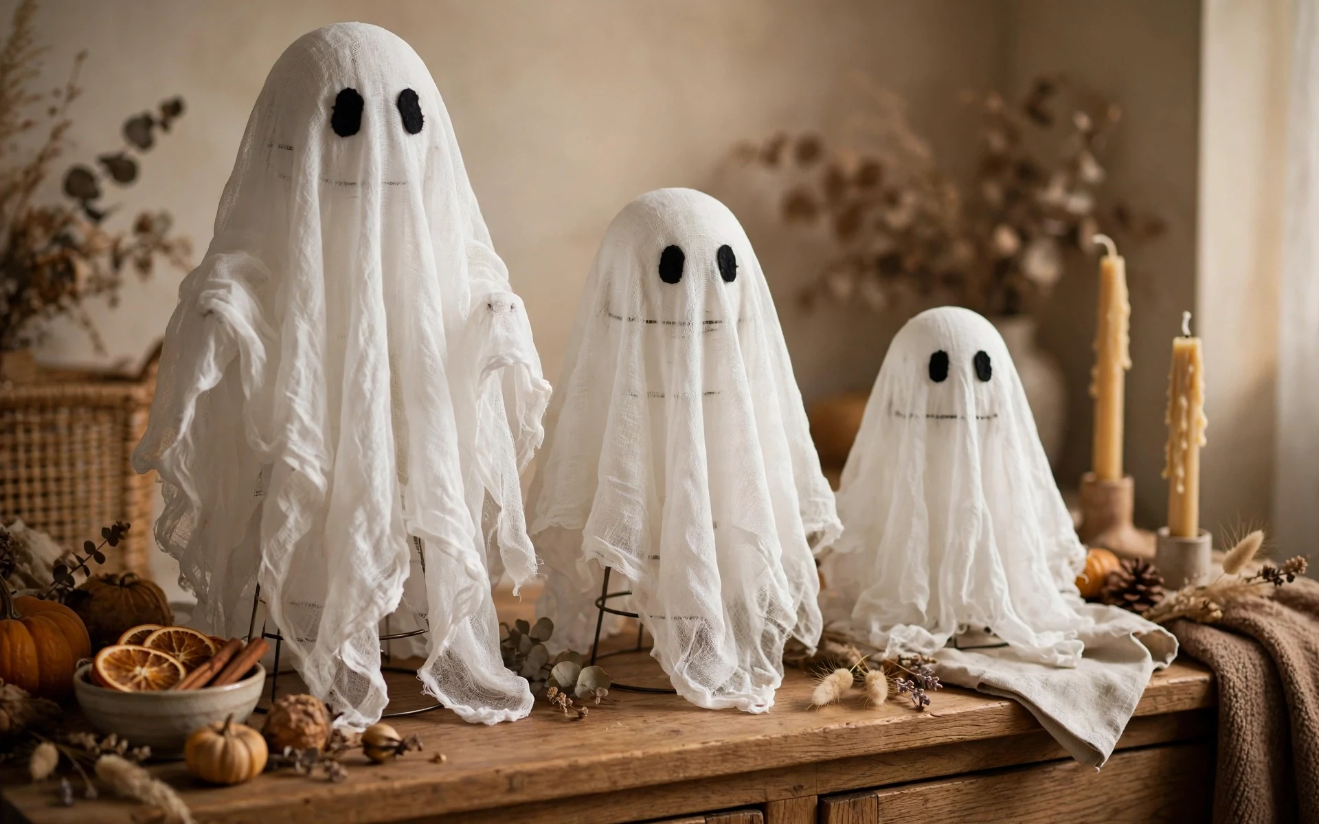 Free-standing cheesecloth ghosts in three heights as diy halloween decor ideas on a sideboard