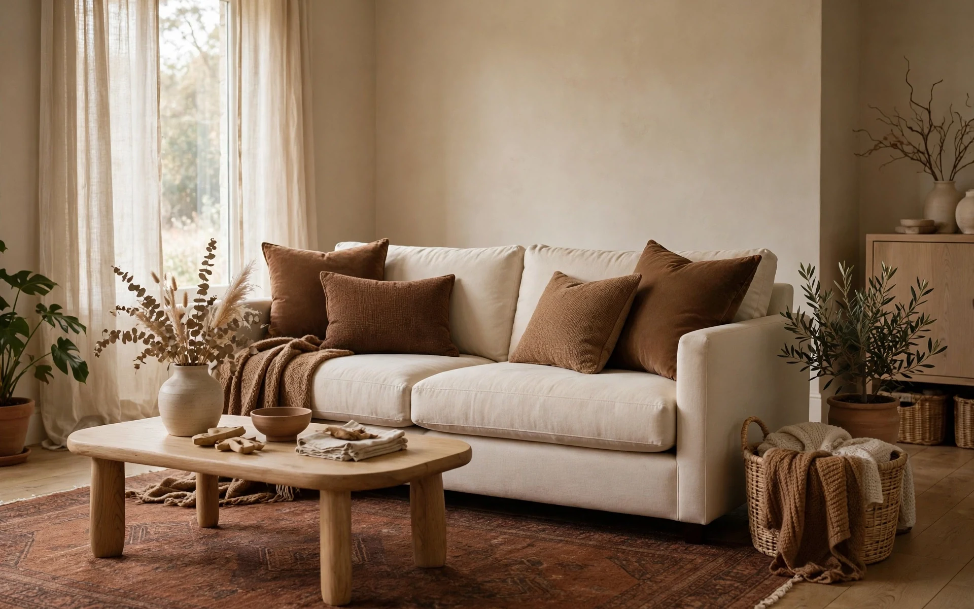 Cream sofa anchoring beige living room ideas with warm brown cushions and a deeper-toned area rug