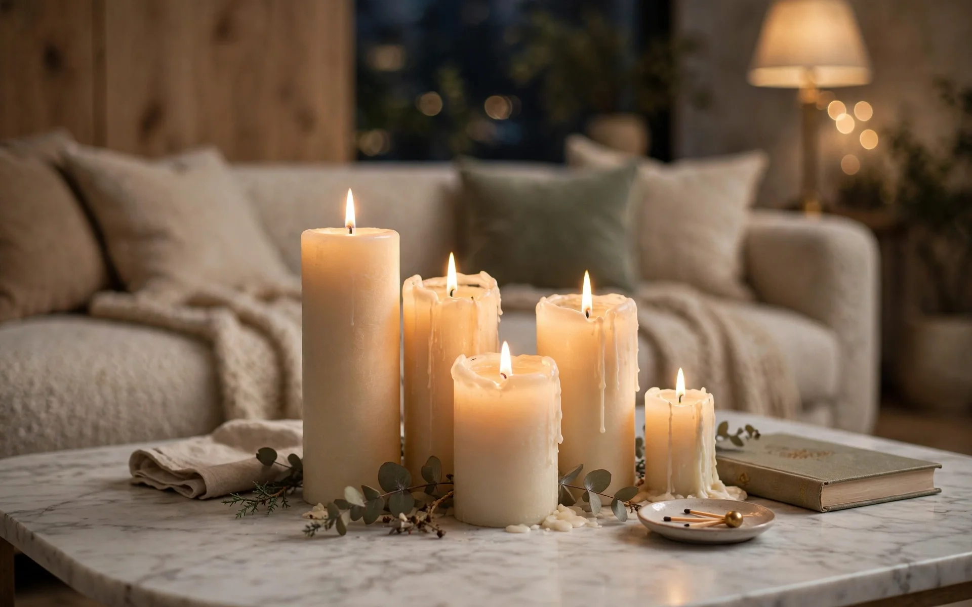 Marble coffee table ideas with a cluster of pillar candles in varied heights