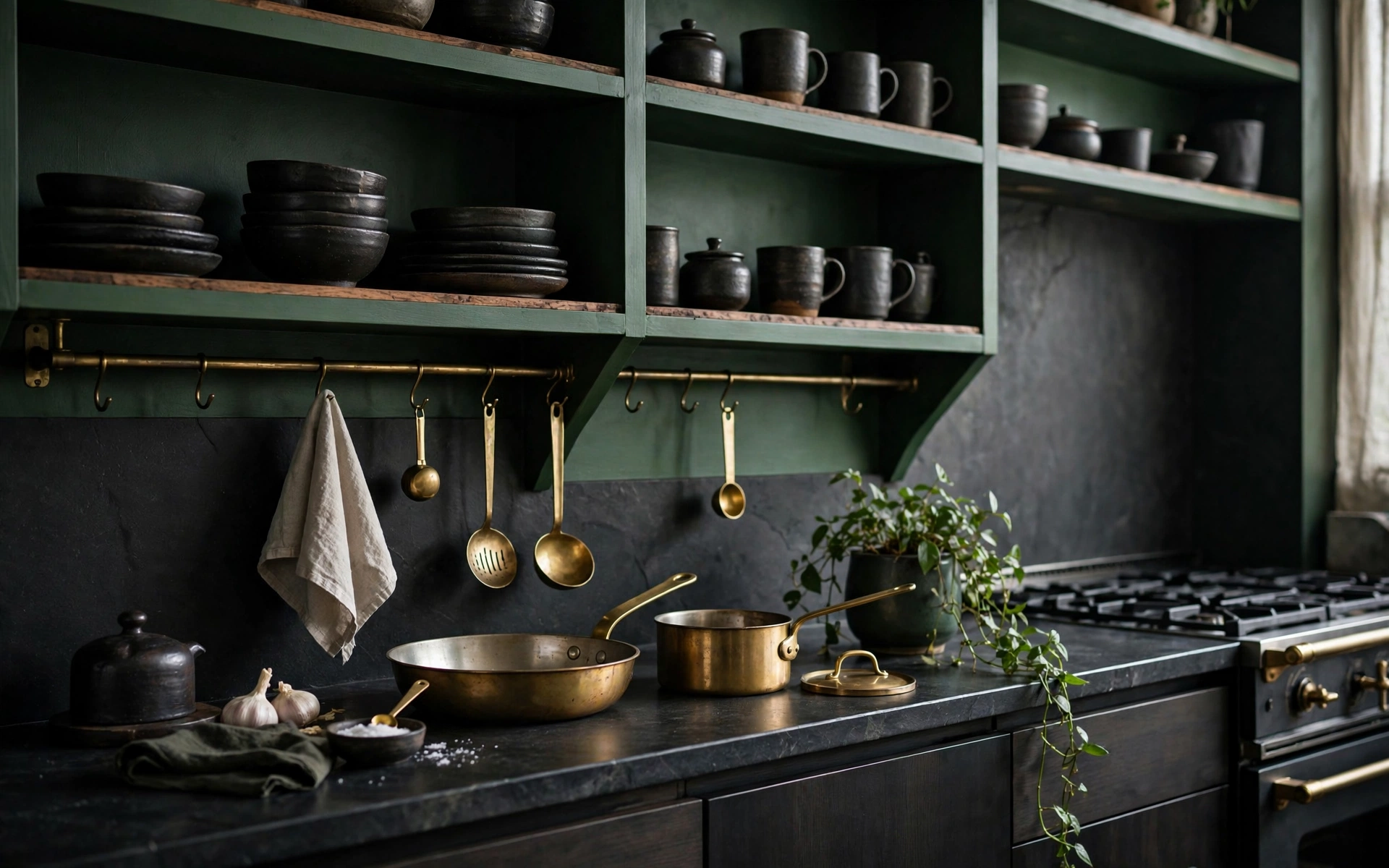Open shelf kitchen ideas with moody green shelving, brass rail, and dark stoneware