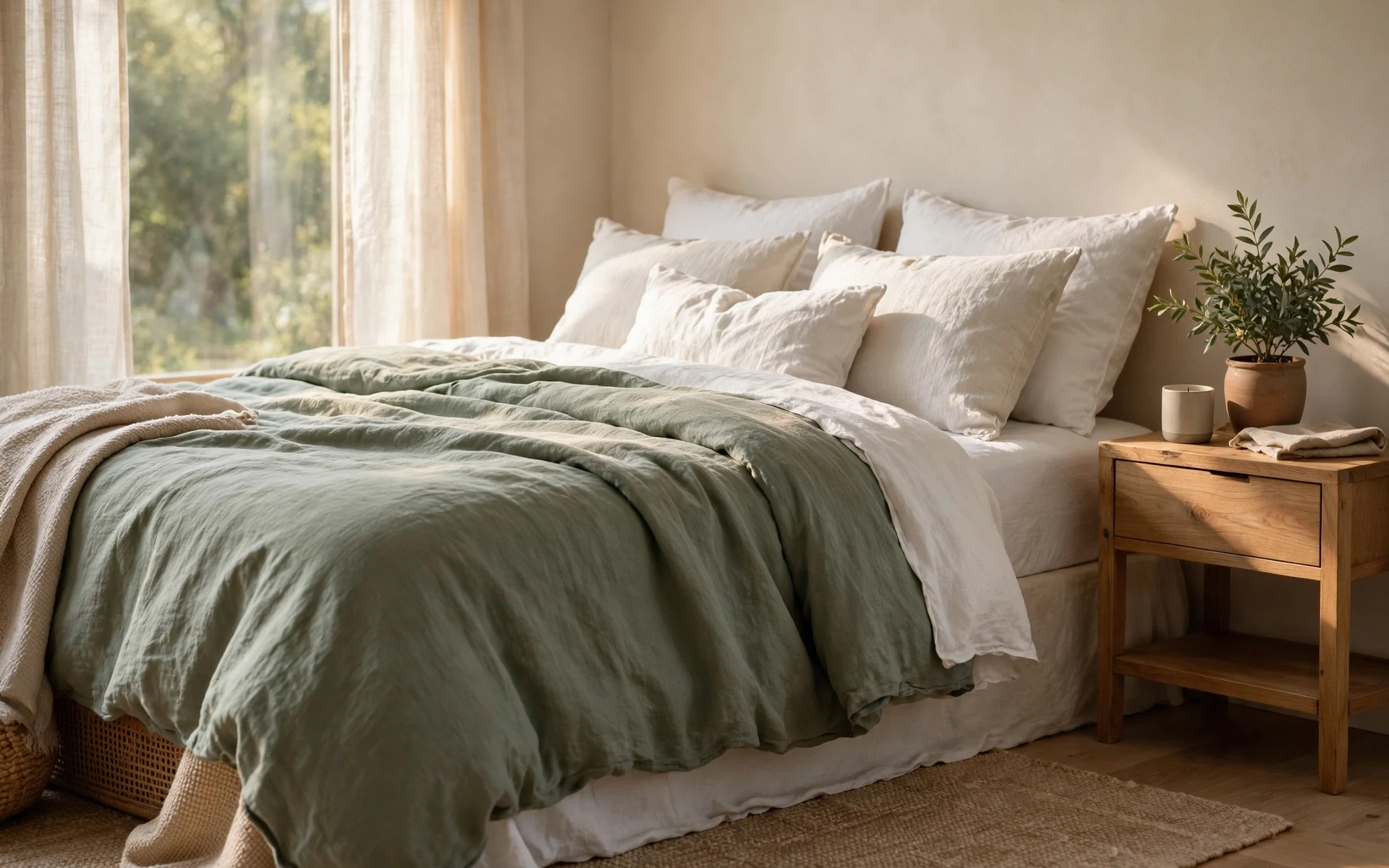 Sage green linen bedding ideas with a sage duvet cover and white linen sheets beside a wooden nightstand