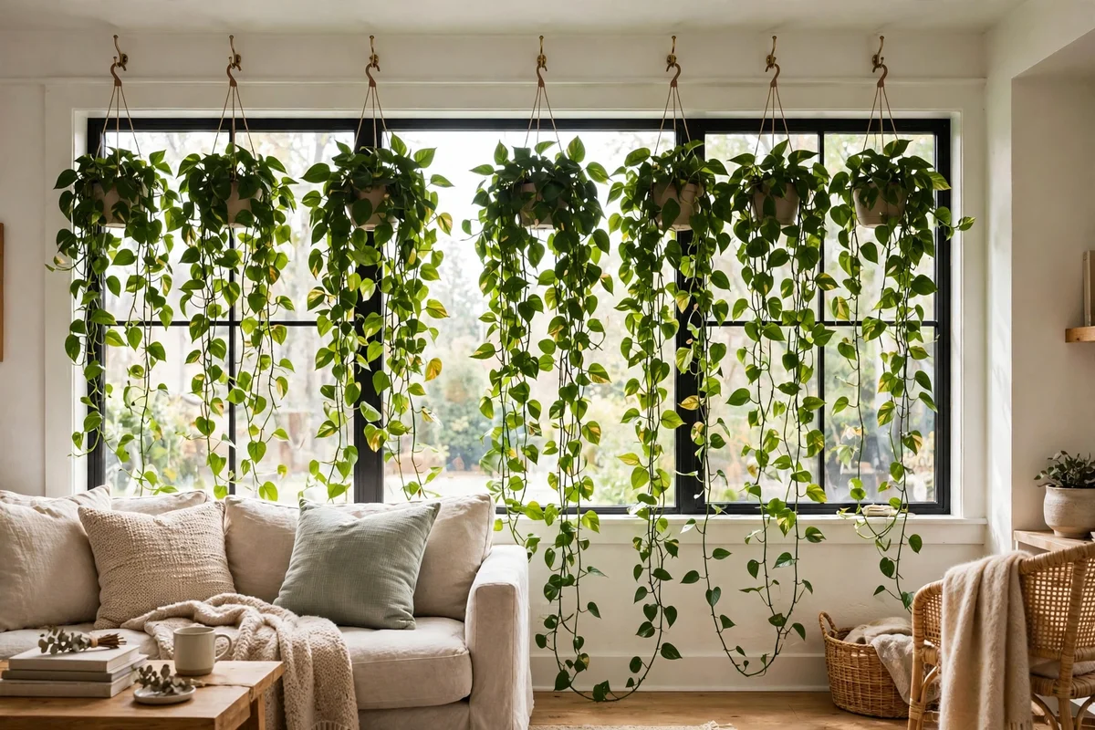 Biophilic decor ideas — trailing pothos vines hanging like living curtains beside a bright window