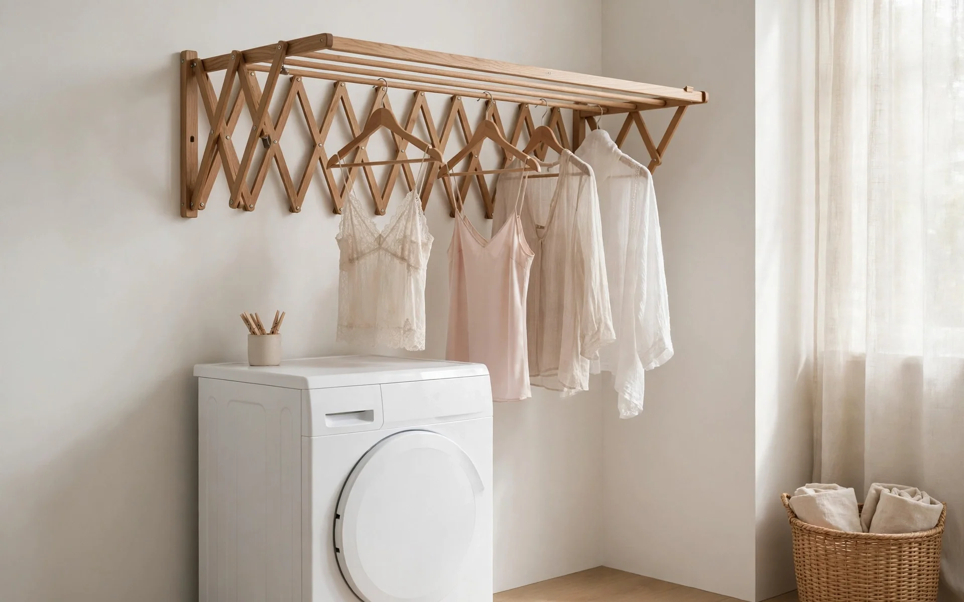 Wall-mounted fold-down wooden drying rack with clothes hanging, clever small laundry room ideas
