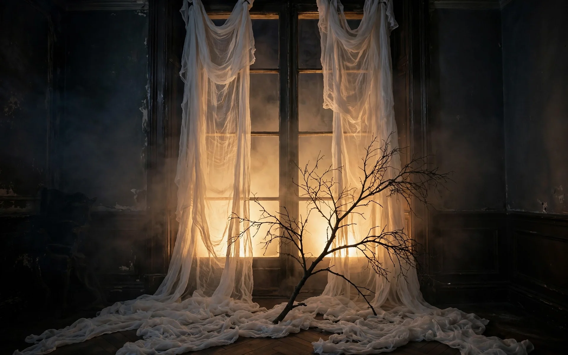 Ethereal halloween window decor ideas with white gauze curtains glowing from warm backlight in a dark room