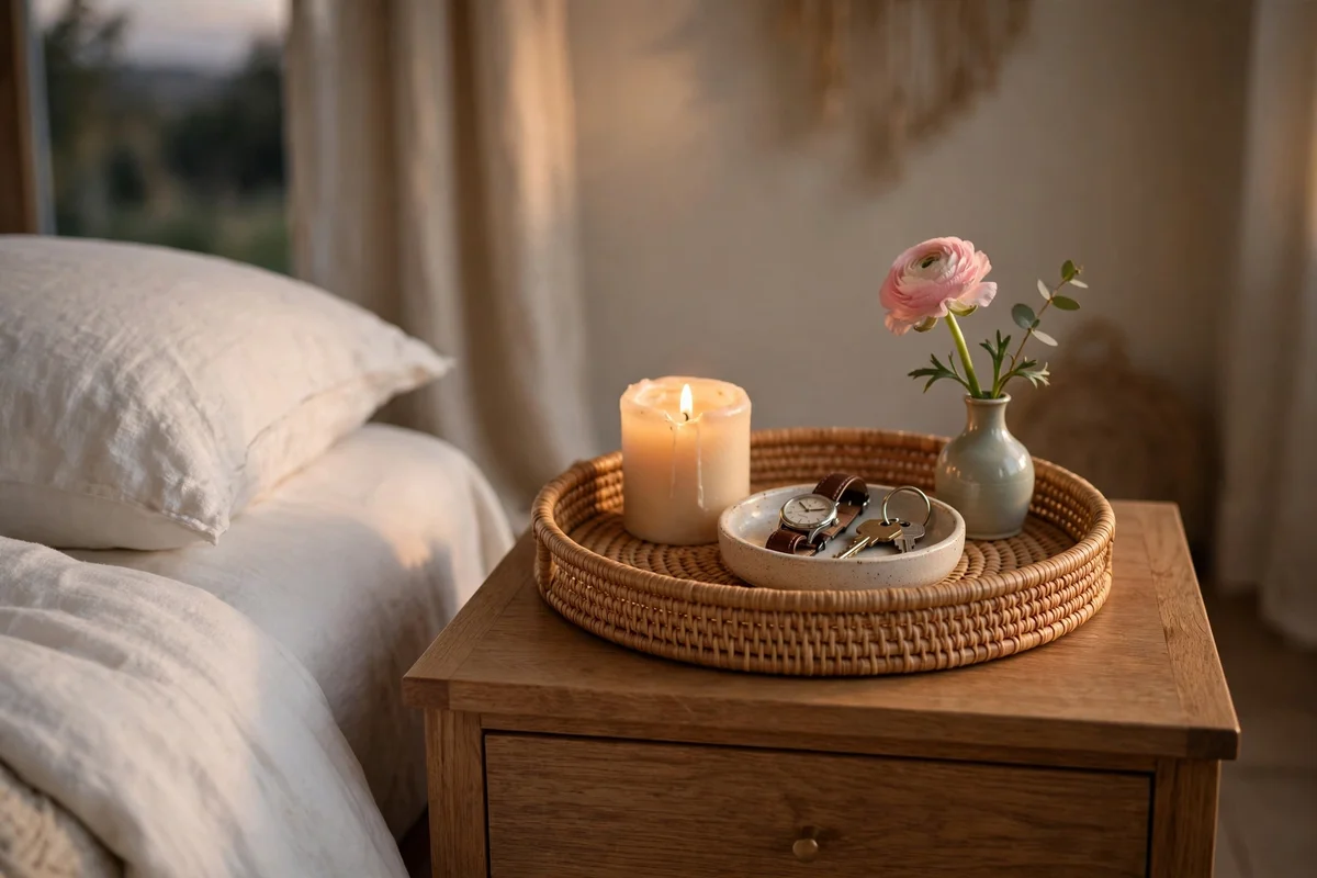 Bedside table styling ideas with a rattan tray corralling a candle, catch-all dish, and bud vase